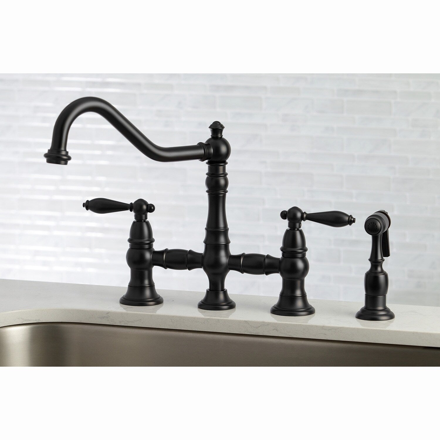 Restoration Kitchen Faucet With Side Sprayer In Matte Black