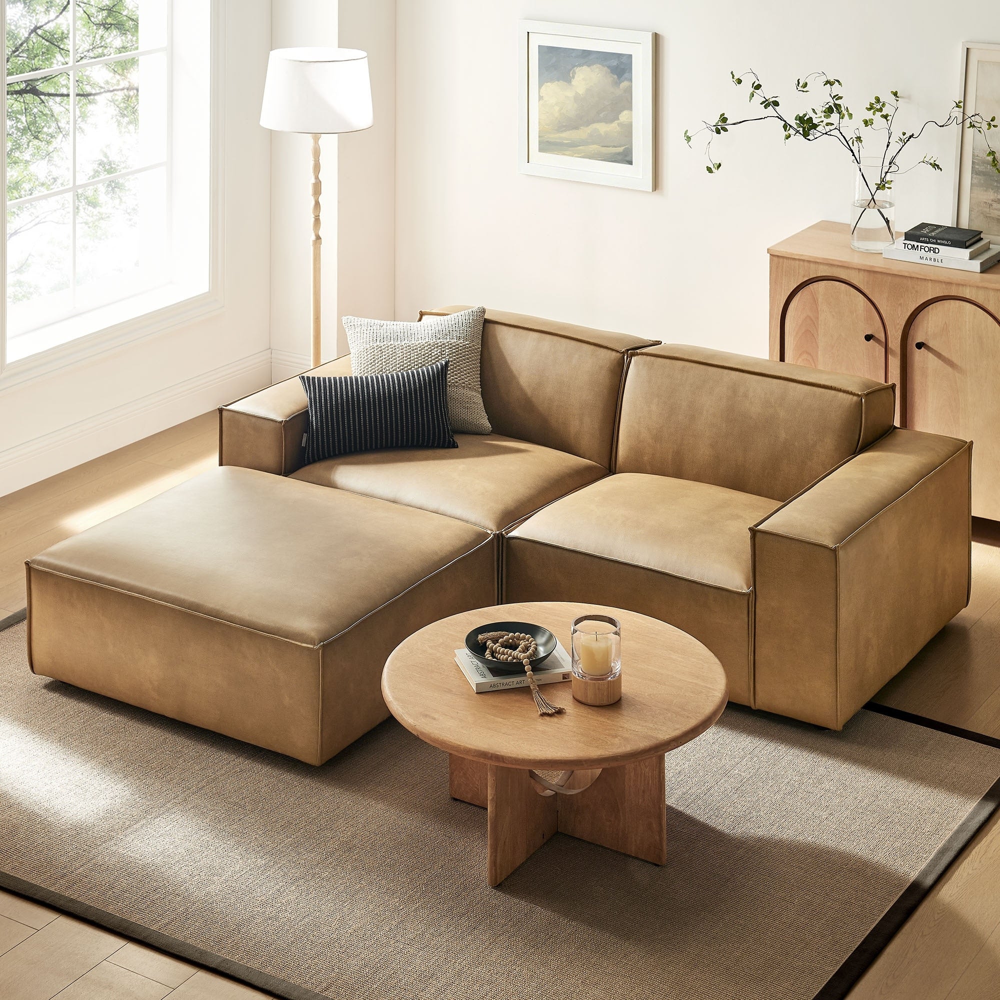 Restore 3 Piece Vegan Leather Modular Loveseat With Ottoman