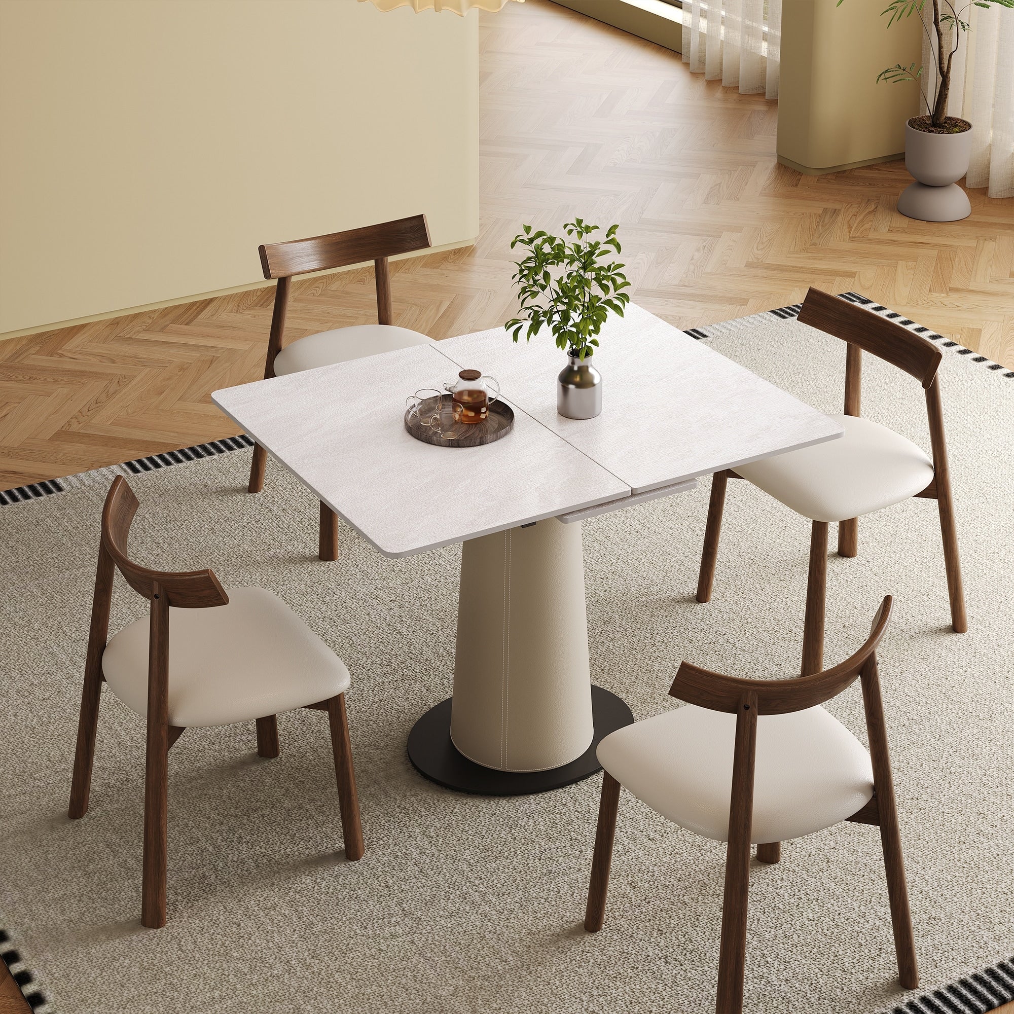 Retractable Rock Slab Dining Table Set Modern 5 Piece Expandable Table With 4 Wooden Leg Chairs Leather Wrapped Base
