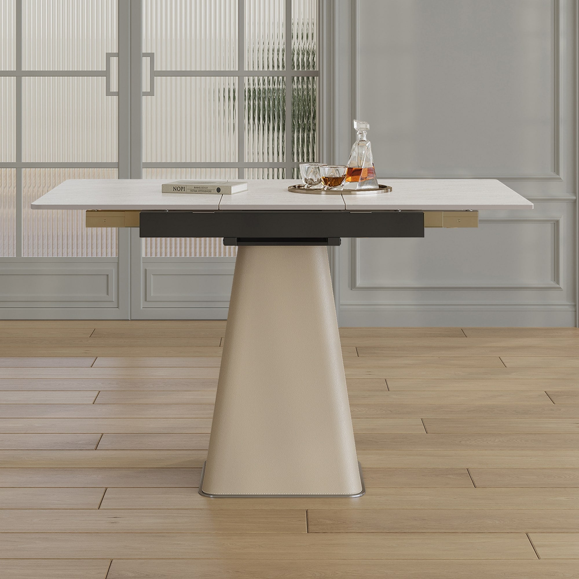 Retractable Rock Slab Folding Dining Table Modern Square Expandable Table With Leather Wrapped Stainless Steel Base White