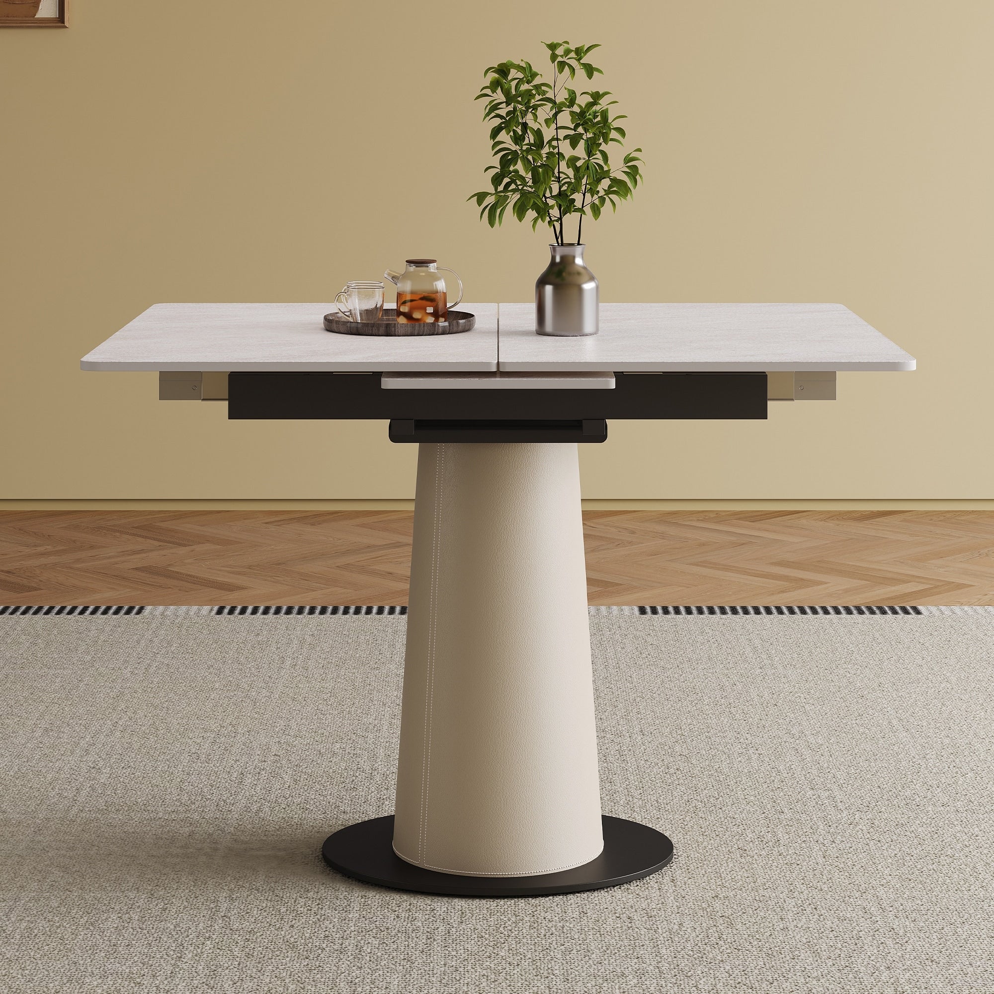 Retractable Rock Slab Folding Dining Table Modern Square Expandable Table With Leather Wrapped Stainless Steel Base White