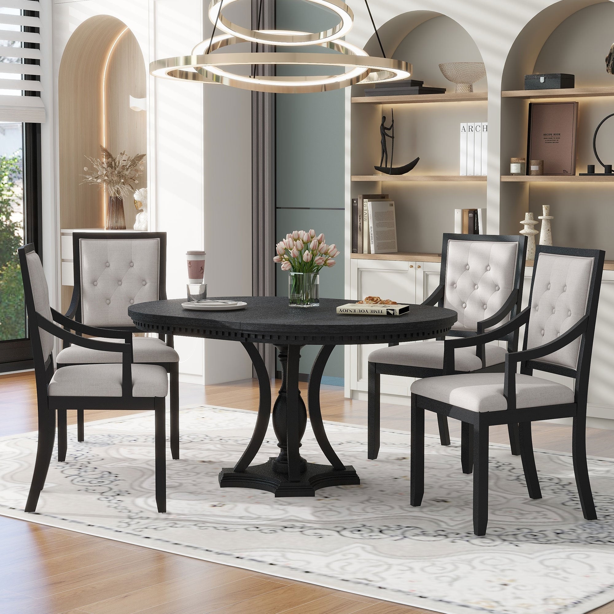 Retro 5 Piece Dining Set Extendable Round Table And 4 Chairs For Kitchen Dining Room