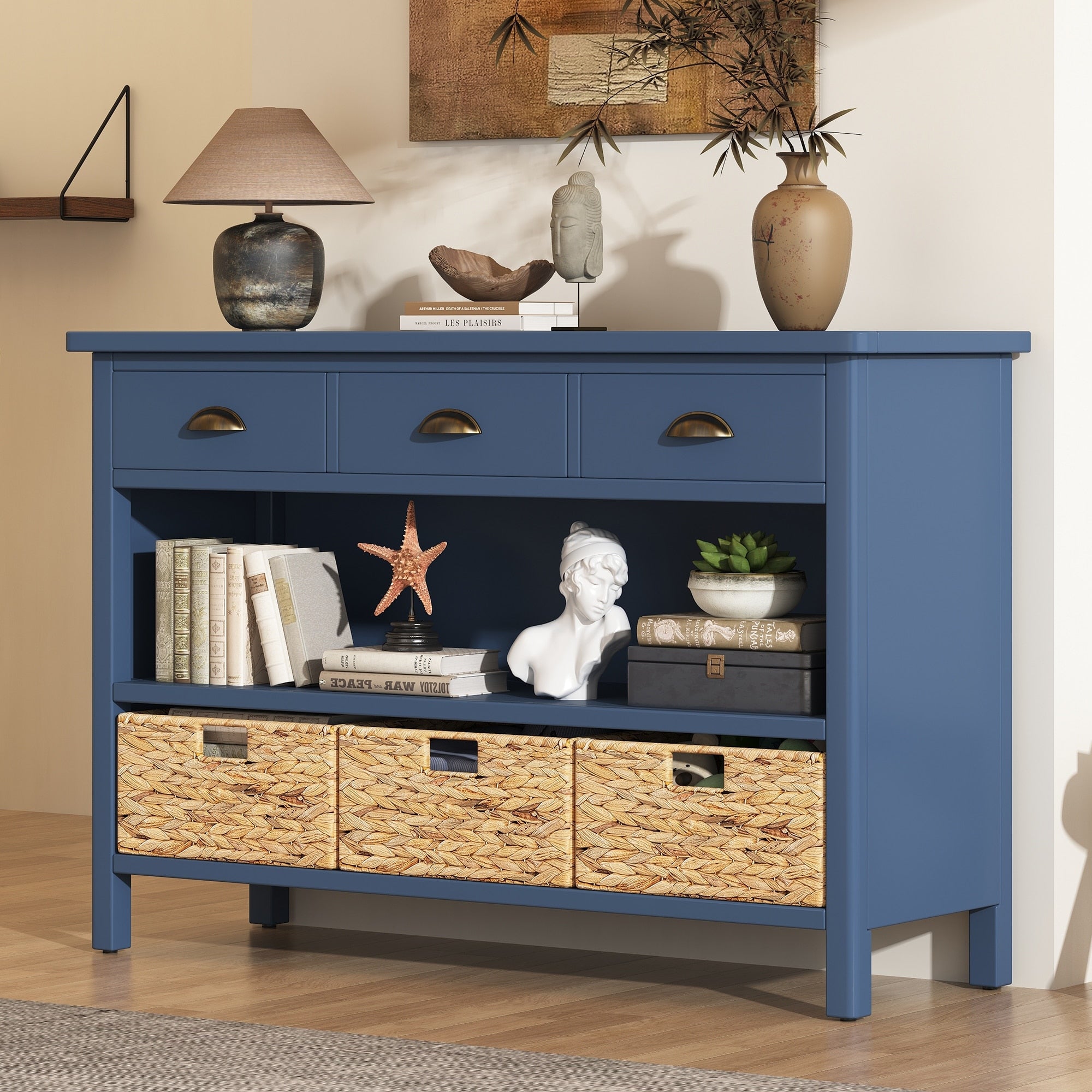 Retro Console Table With 3 Storage Drawers 3 Water Hyacinth Woven Baskets