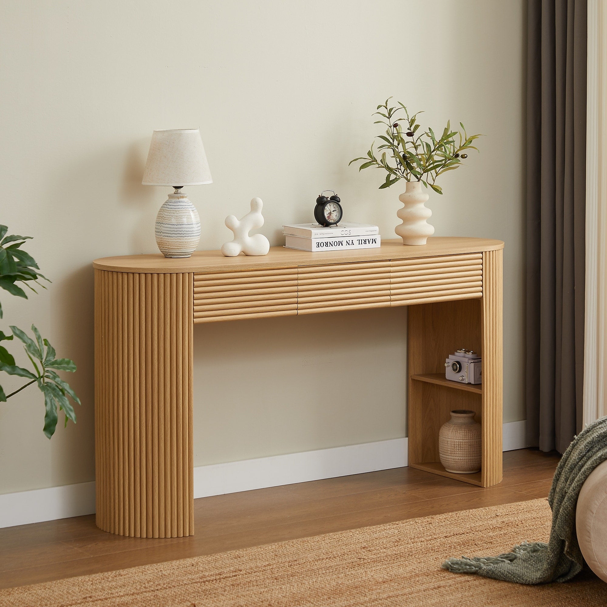 Retro Console Table With Storage 3 Drawers 1 Table Leg Niche Round Slat Aesthetic Entryway Living Room Hallway