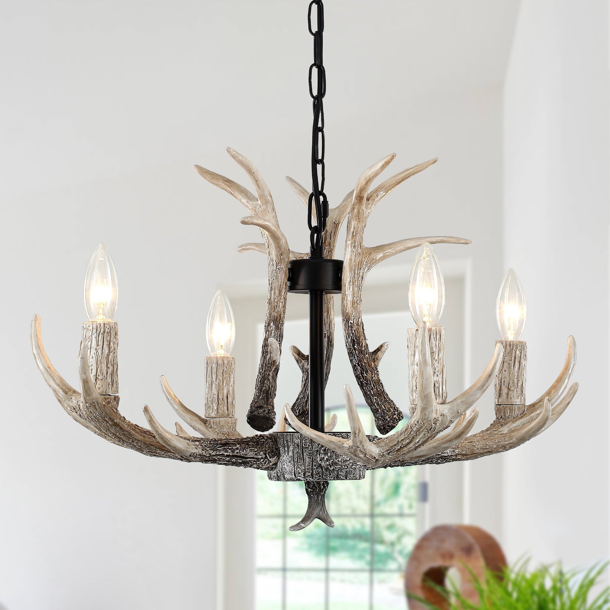 Retro Farmhouse 4 Light Candle Style Chandelier With Resin Antlers Design For Kitchen Island Dining Room