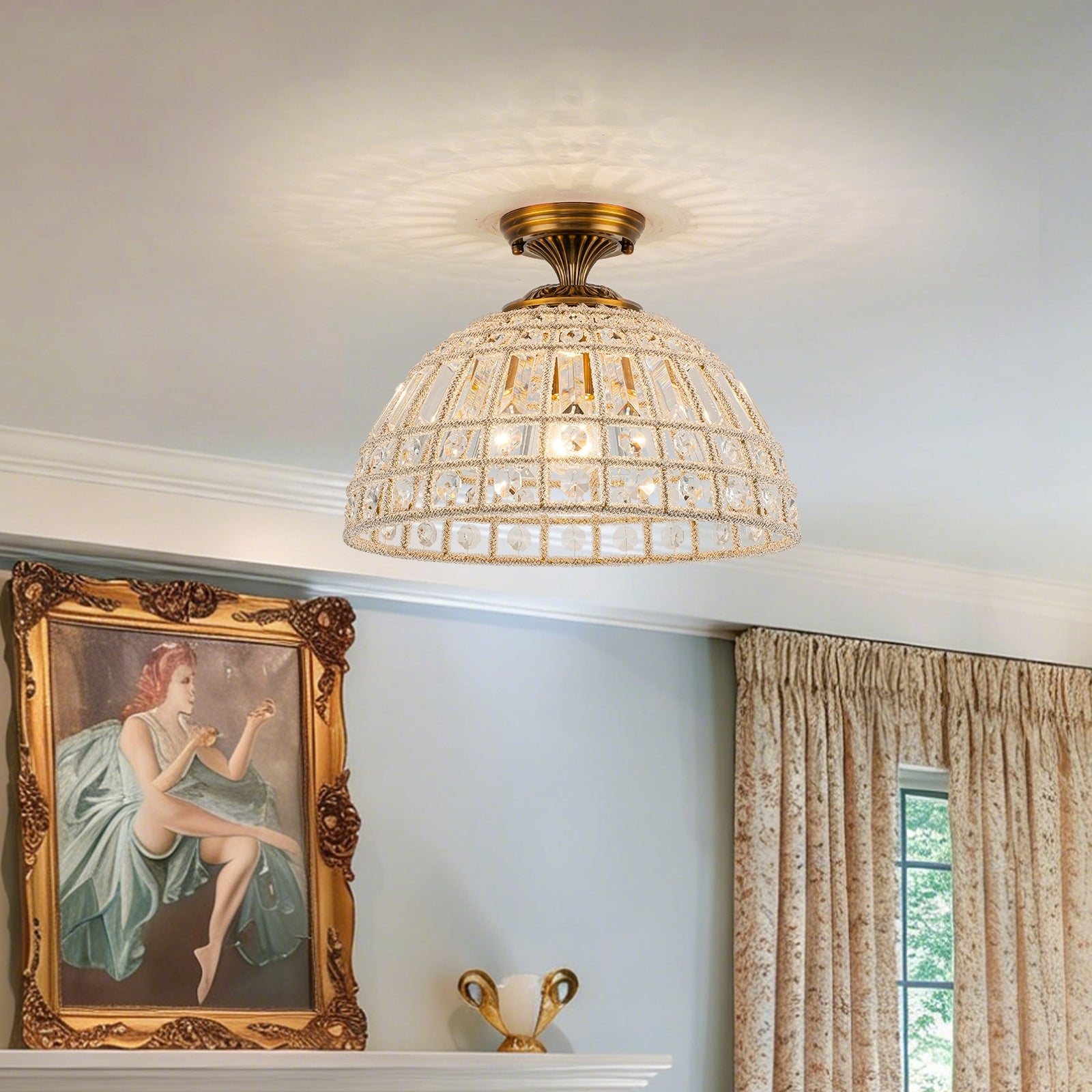Retro French 1 Light Antique Brass Crystal Flush Mount Ceiling Light Antique Brass