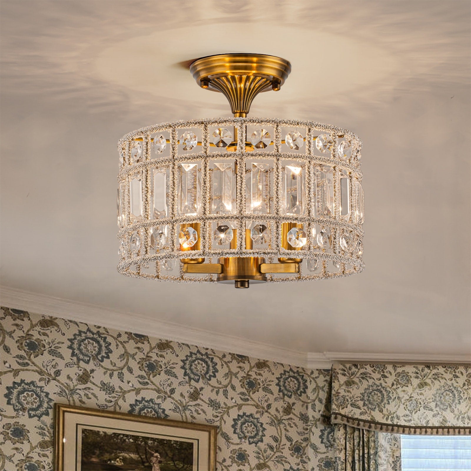 Retro French 3 Light Antique Brass Crystal Flush Mount Ceiling Light Antique Brass