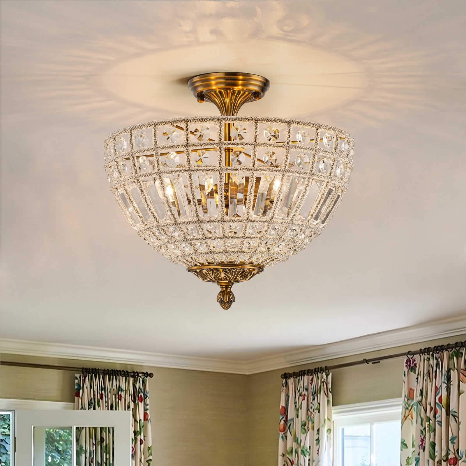 Retro French 3 Light Antique Brass Crystal Flush Mount Ceiling Light Antique Brass