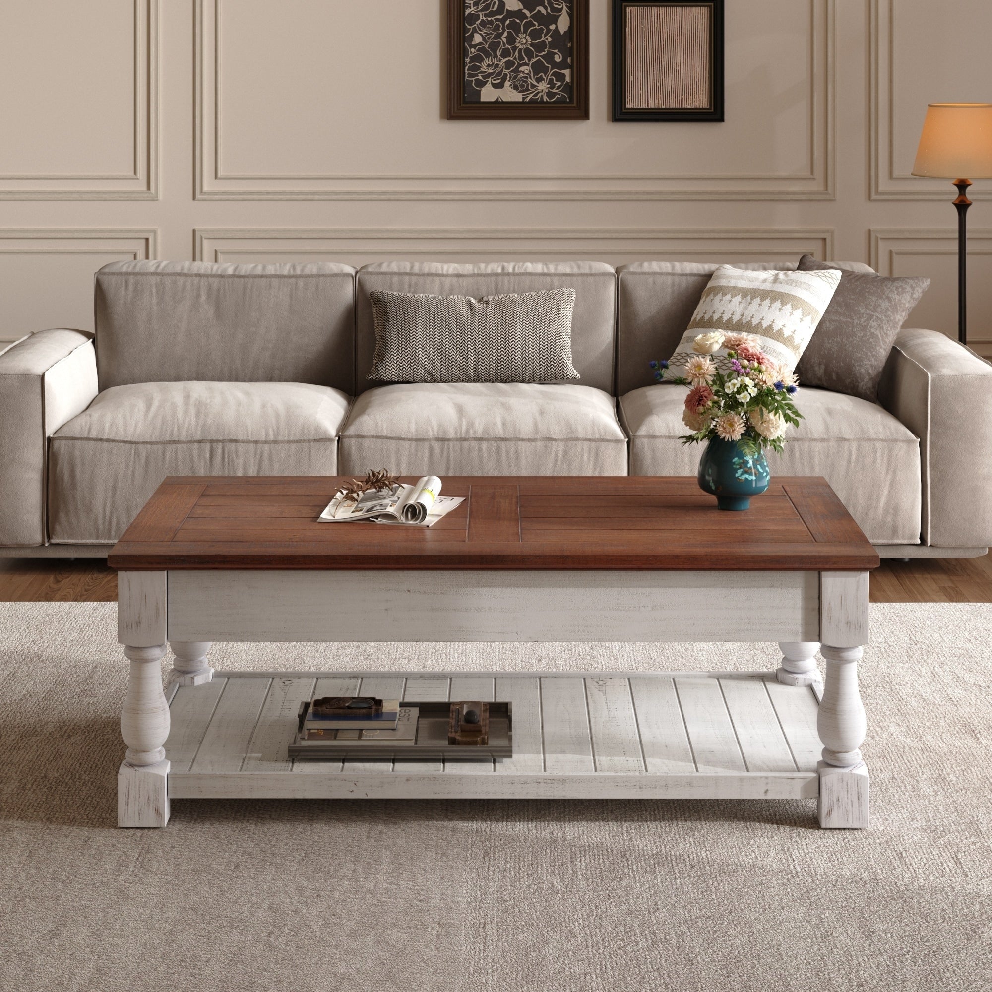 Retro Lift Top Coffee Table With Hidden Compartment Lower Shelf