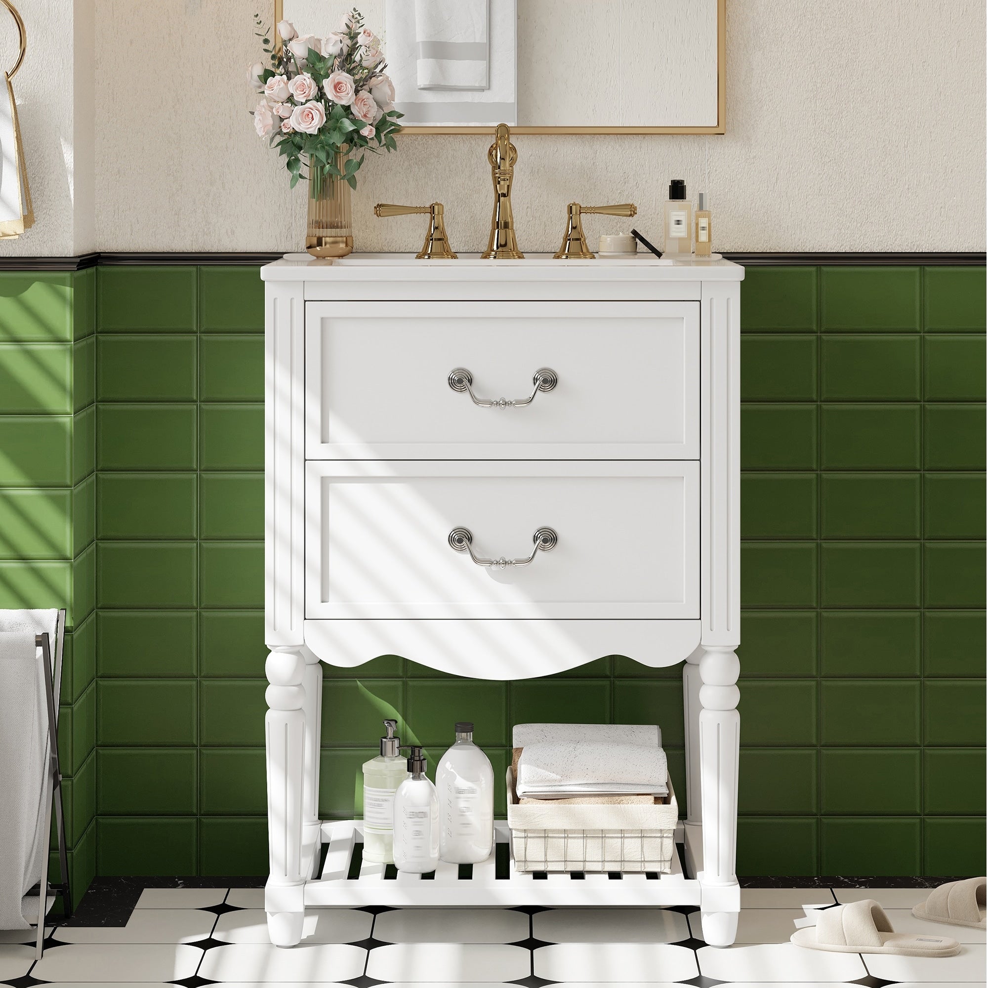 Retro Palace 24 Freestanding Bathroom Vanity With Ceramic Sink Wave Design Soft Close Drawers Open Shelf By Gdfstudio
