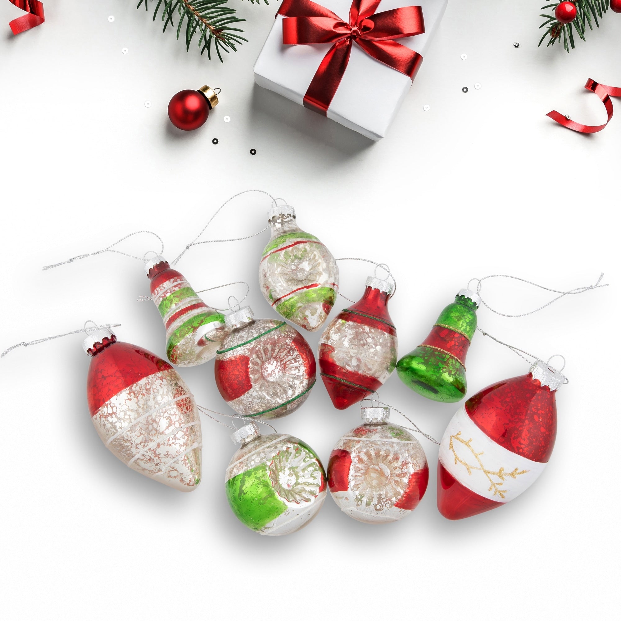 9Ct Shiny Silver And Red Striped And Glittered Mercury Finish Glass Christmas Ornaments 2 3.25 N A
