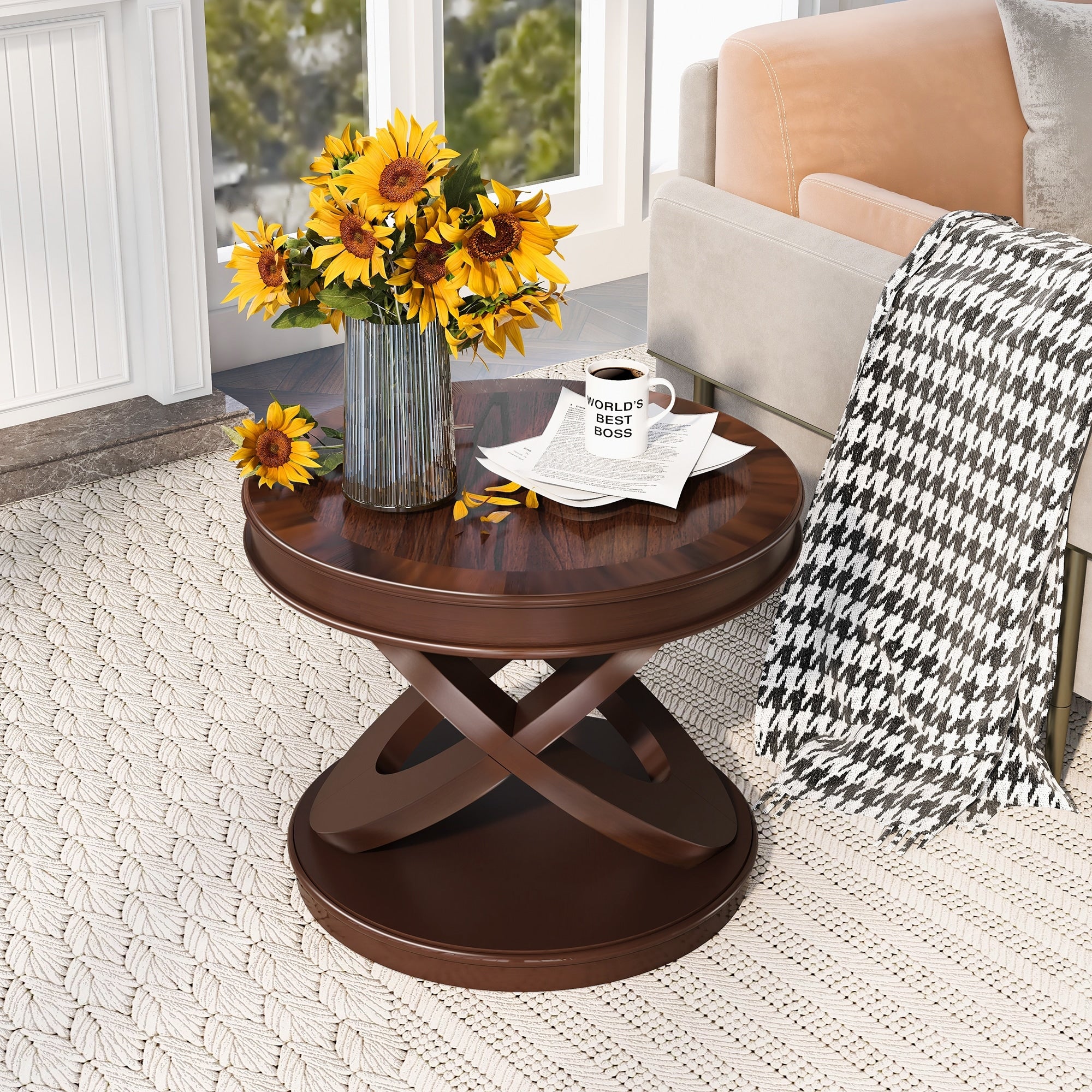 Retro Round Wooden End Table Sofa Side Table With X Shape Base For Family Dining Or Living Room