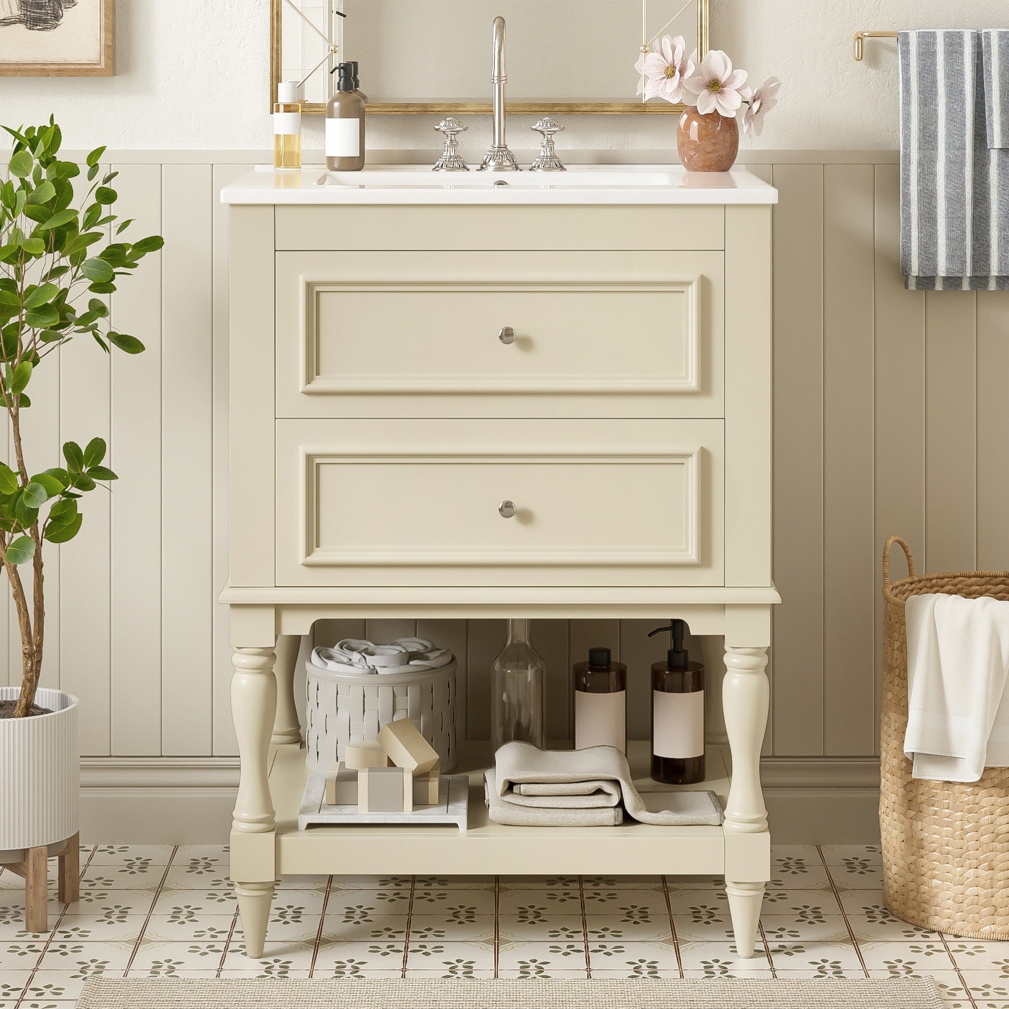 Retro Small Bathroom Vanity With Open Shelf Ceramic Sink Cabinet