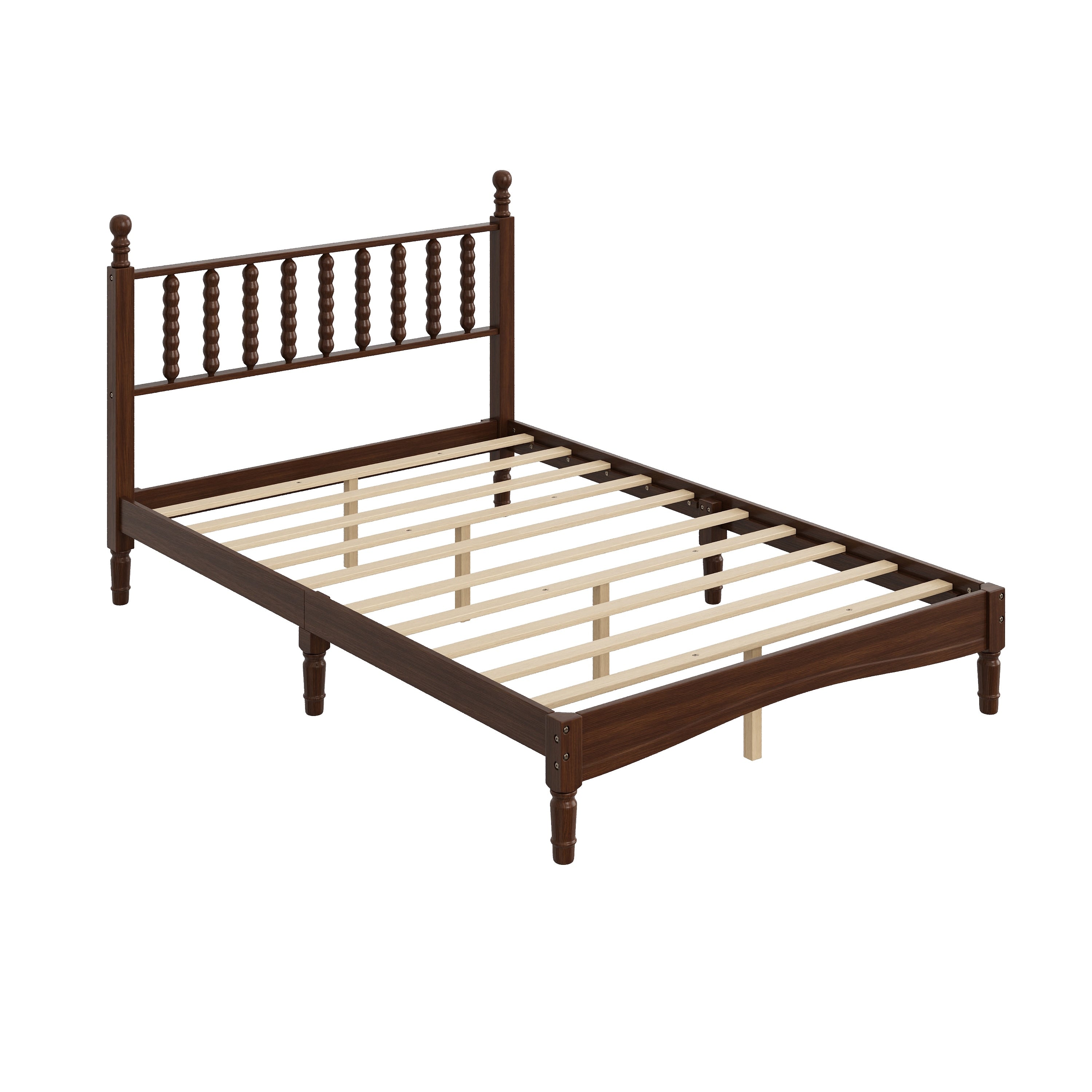 Full Queen King Retro Style Wood Platform Bed With Gourd Headboard And Wooden Slat Support
