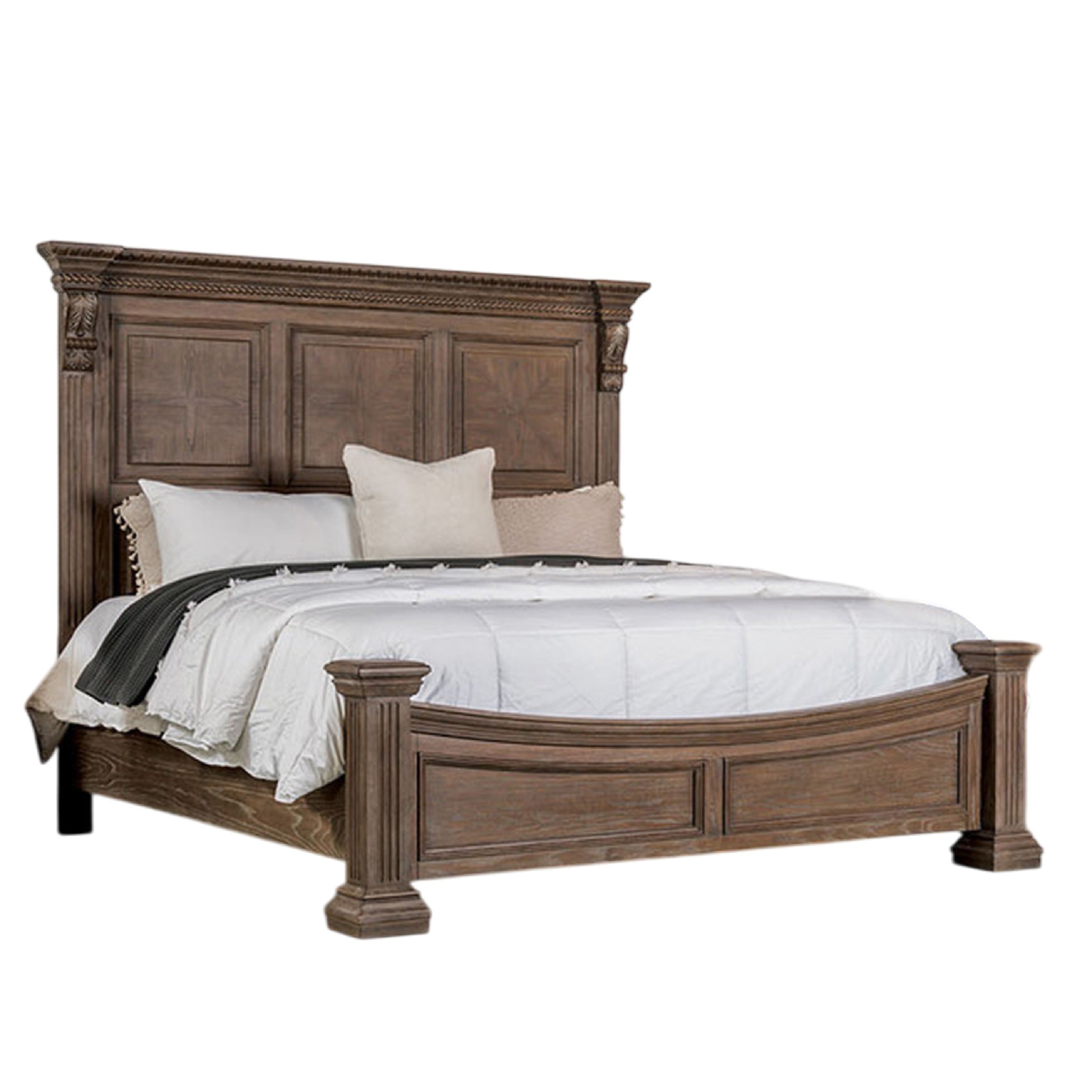 Reven Queen Bed Weathered Oak Solid Wood Intricate Carved Details