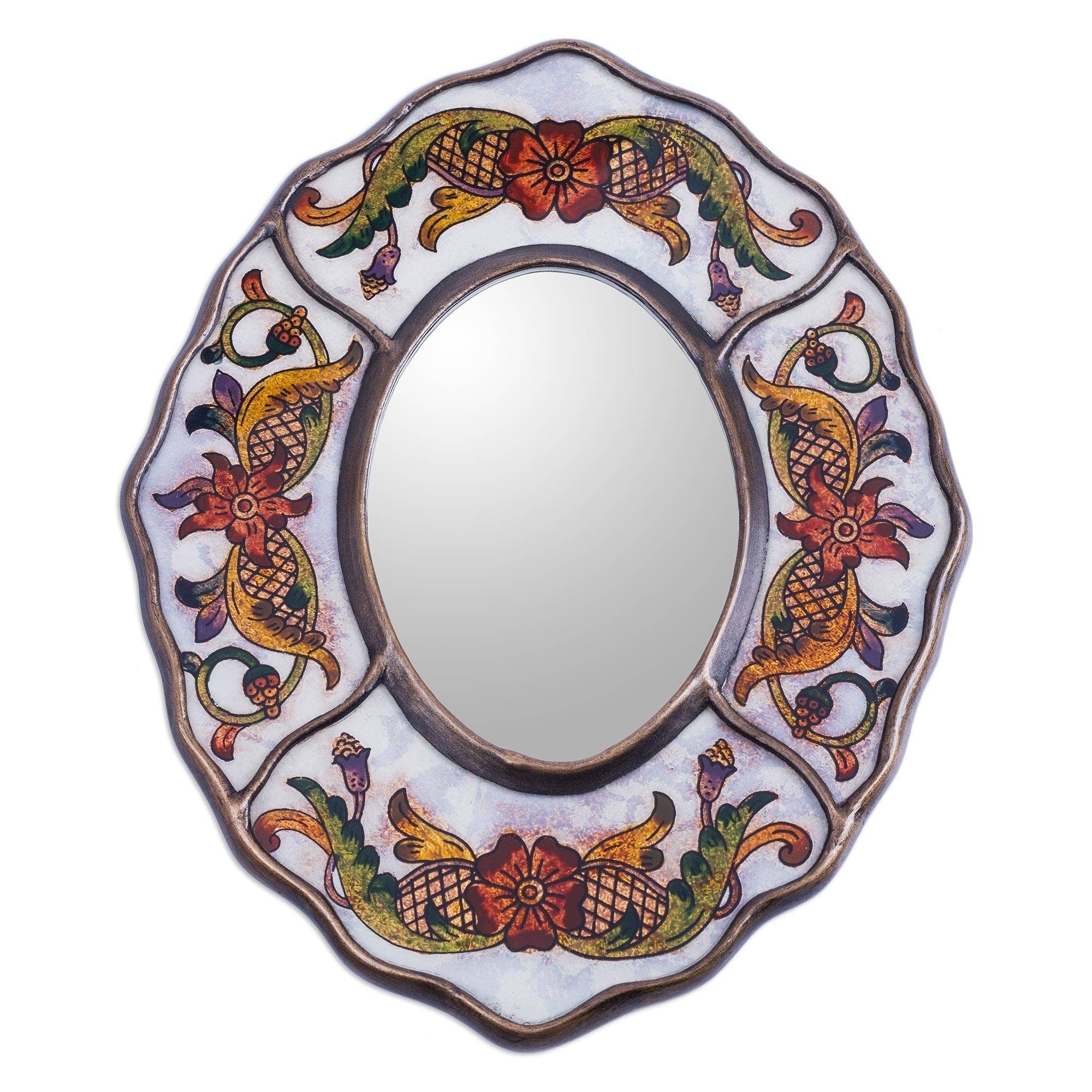 Reverse Painted Glass White Colonial Wreath Plywood Framed Mirror Peru