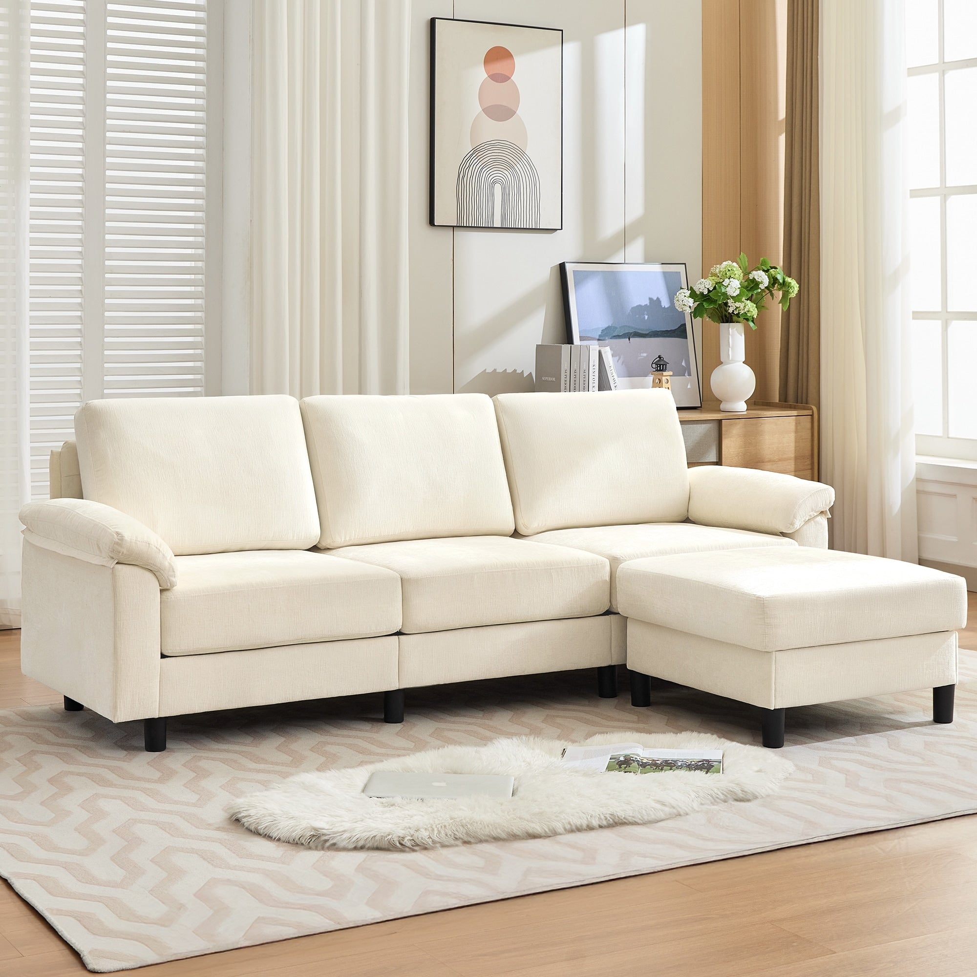 Reversible L Shaped Chenille 3 Seat Modular Sectional Sofa