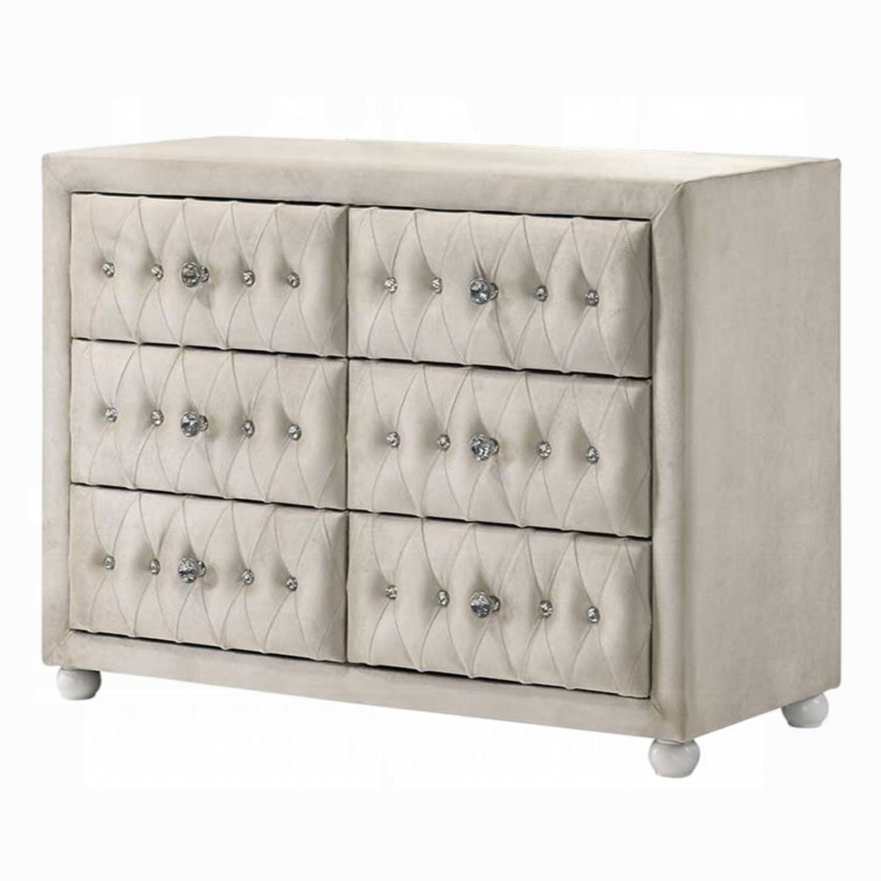 Rex 40 Inch Wide Dresser 6 Drawers Crystal Tufted Beige Upholstery