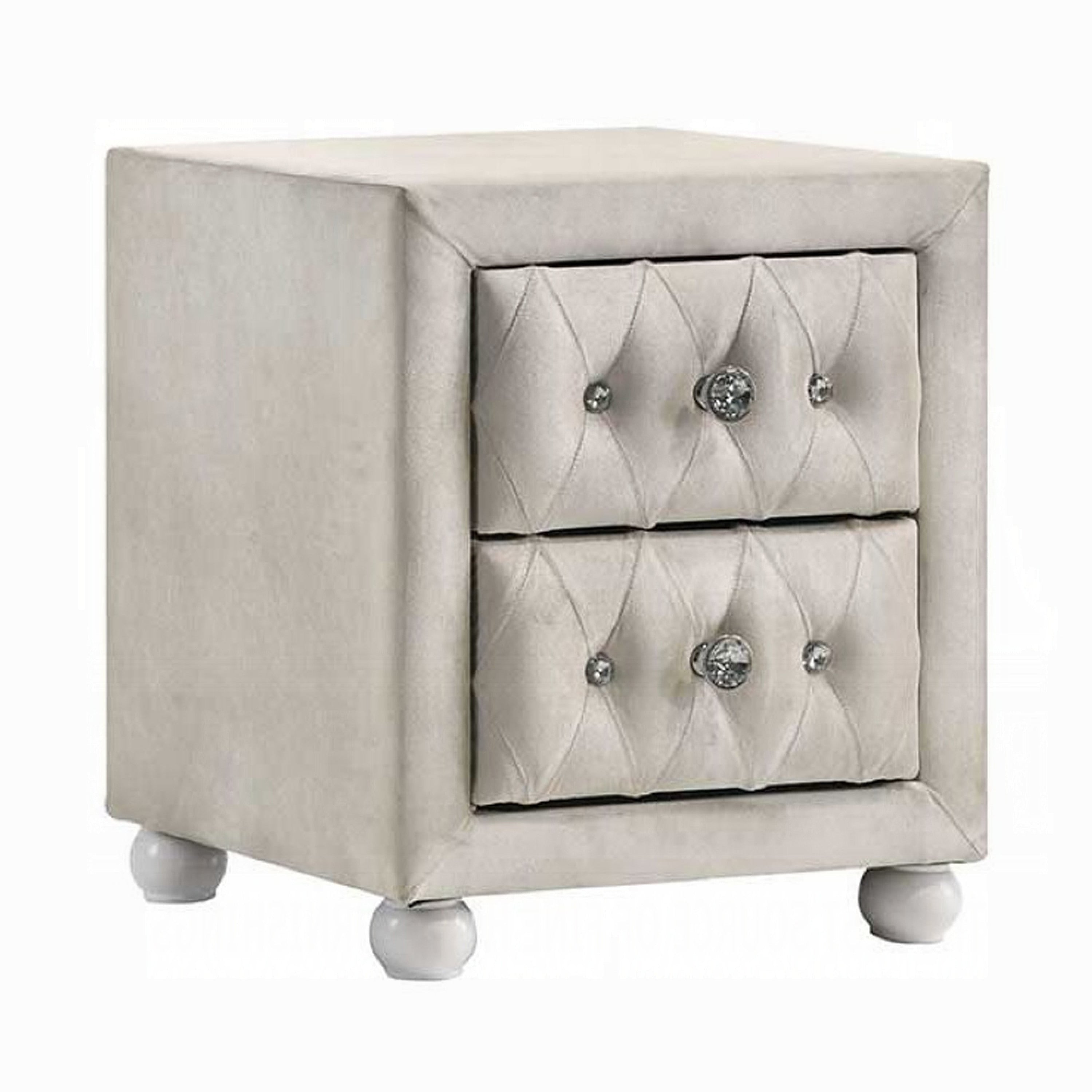 Rex Nightstand 2 Drawers Classic Crystal Tufted Beige Upholstery