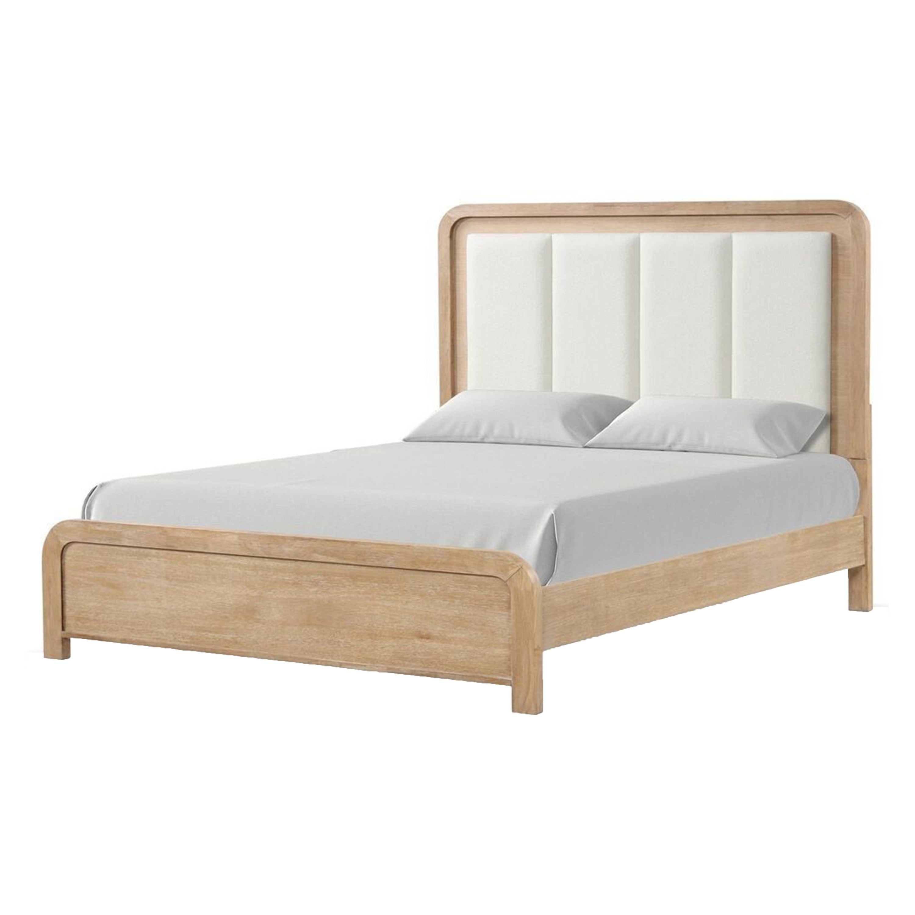 Rexa Queen Bed White Upholstered Channeled Headboard Natural Brown Wood