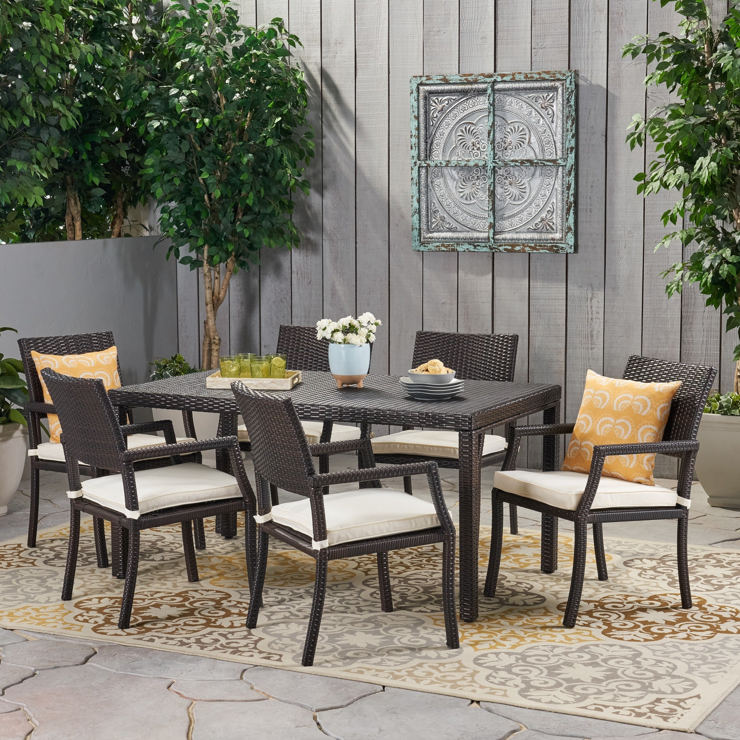 Rhode Island Outdoor 7 Piece Wicker Rectangular Dining Set By Christopher Knight Home