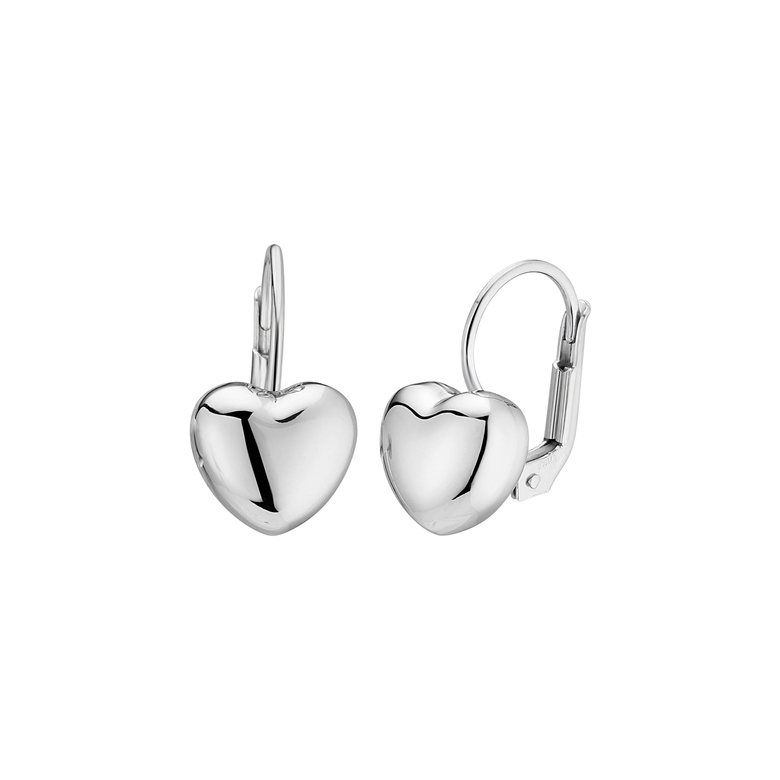 Rhodium Plated Italian Silver Puffy Heart Leverback Earrings