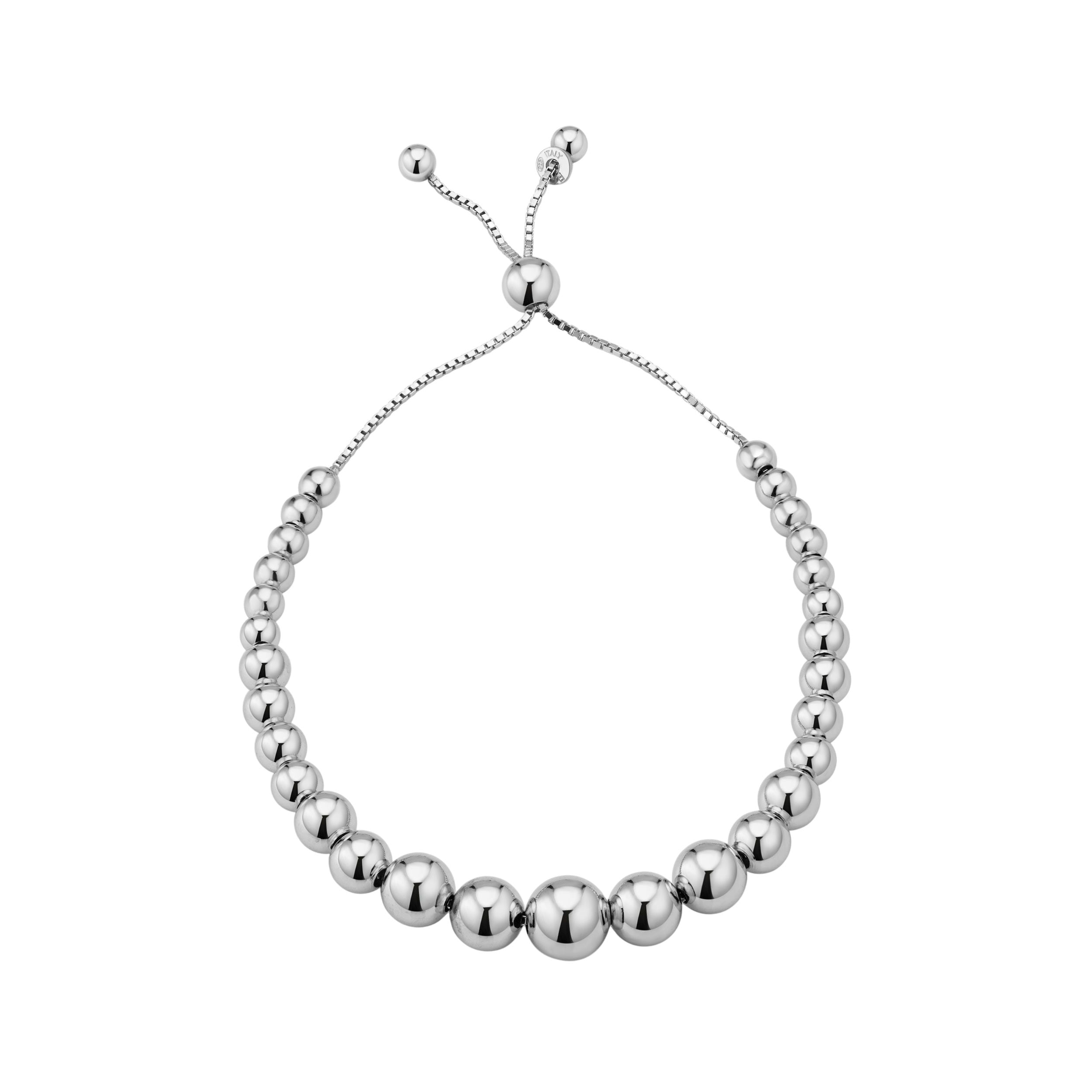 Fremada Rhodium Plated Silver Graduated Polished Ball Bolo Bracelet Adjust Up To 8.5 Inches