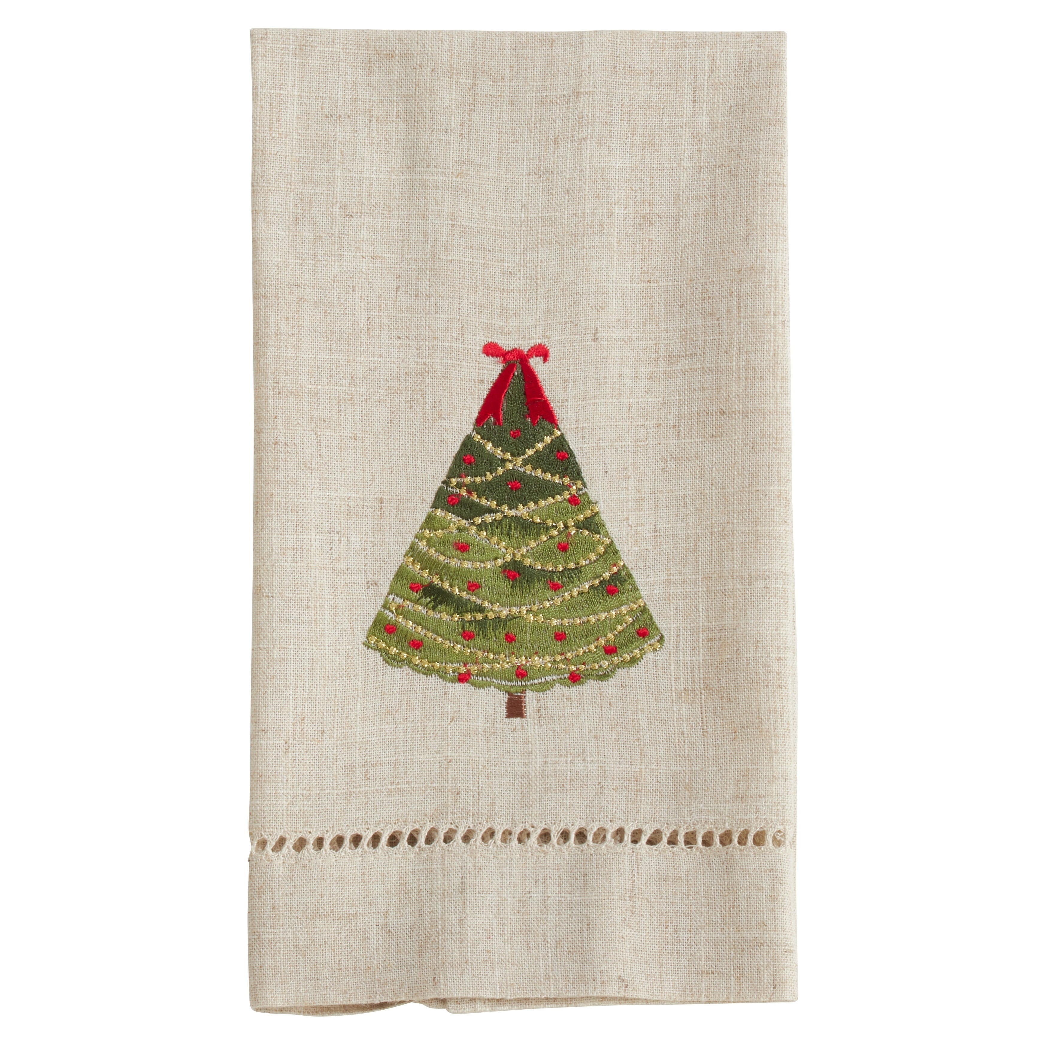 Ribbon Christmas Tree Design Embroidered And Hemstitched Guest Towels Set Of 4