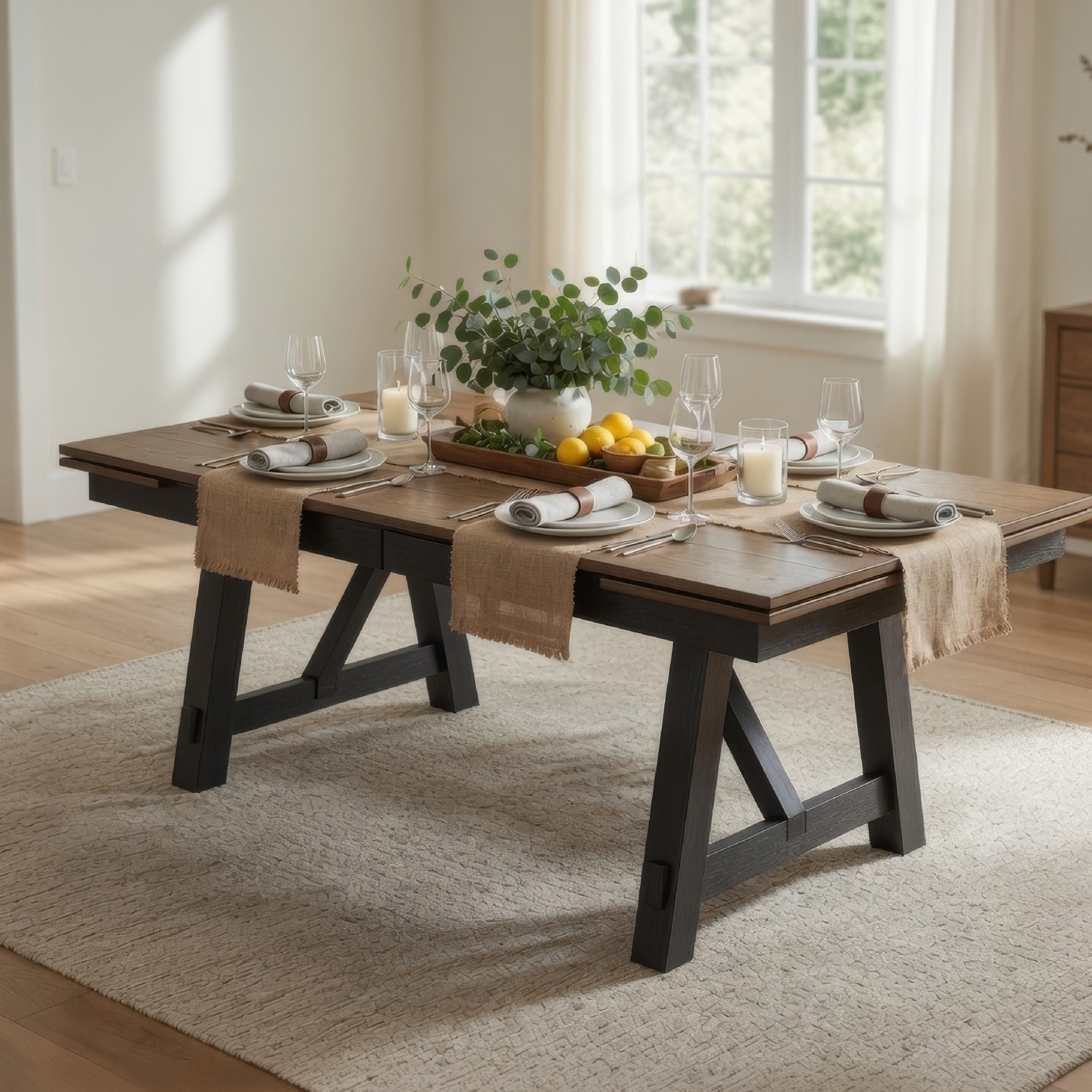 Riby Dining Table 66 94 Inch Top With 2 Leaves Brown Charcoal Black Wood