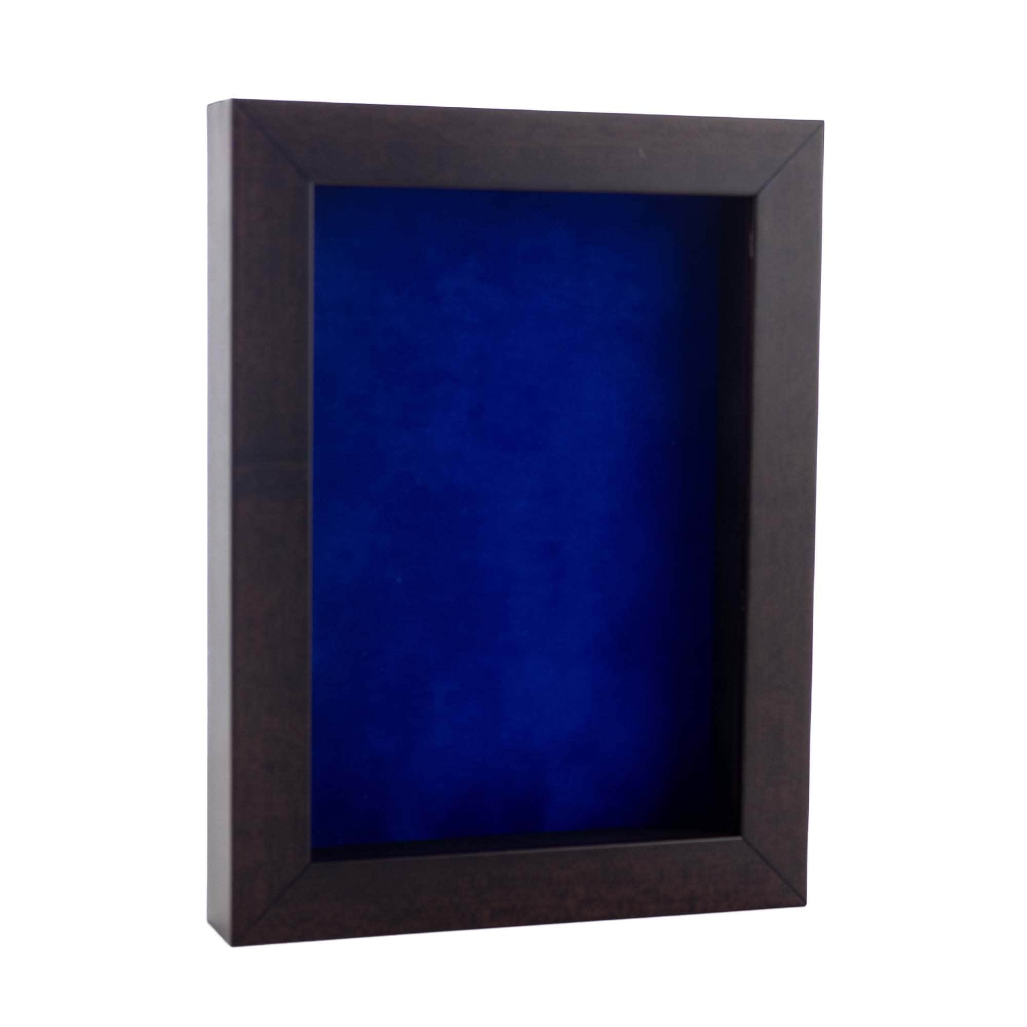 Rich Dark Brown Wood Shadow Box Frame With Acrylic Front Royal Blue Suede Backing 30 Sizes