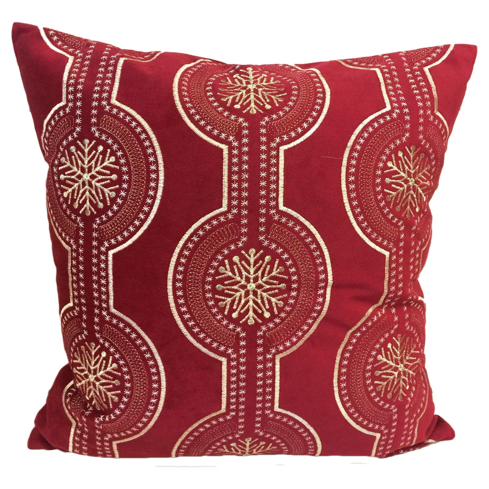 Rich Red Holiday Poly Velvet 20Inch Throw Pillow With Exquisite Embroidered Gold And White Snow Flake Pattern