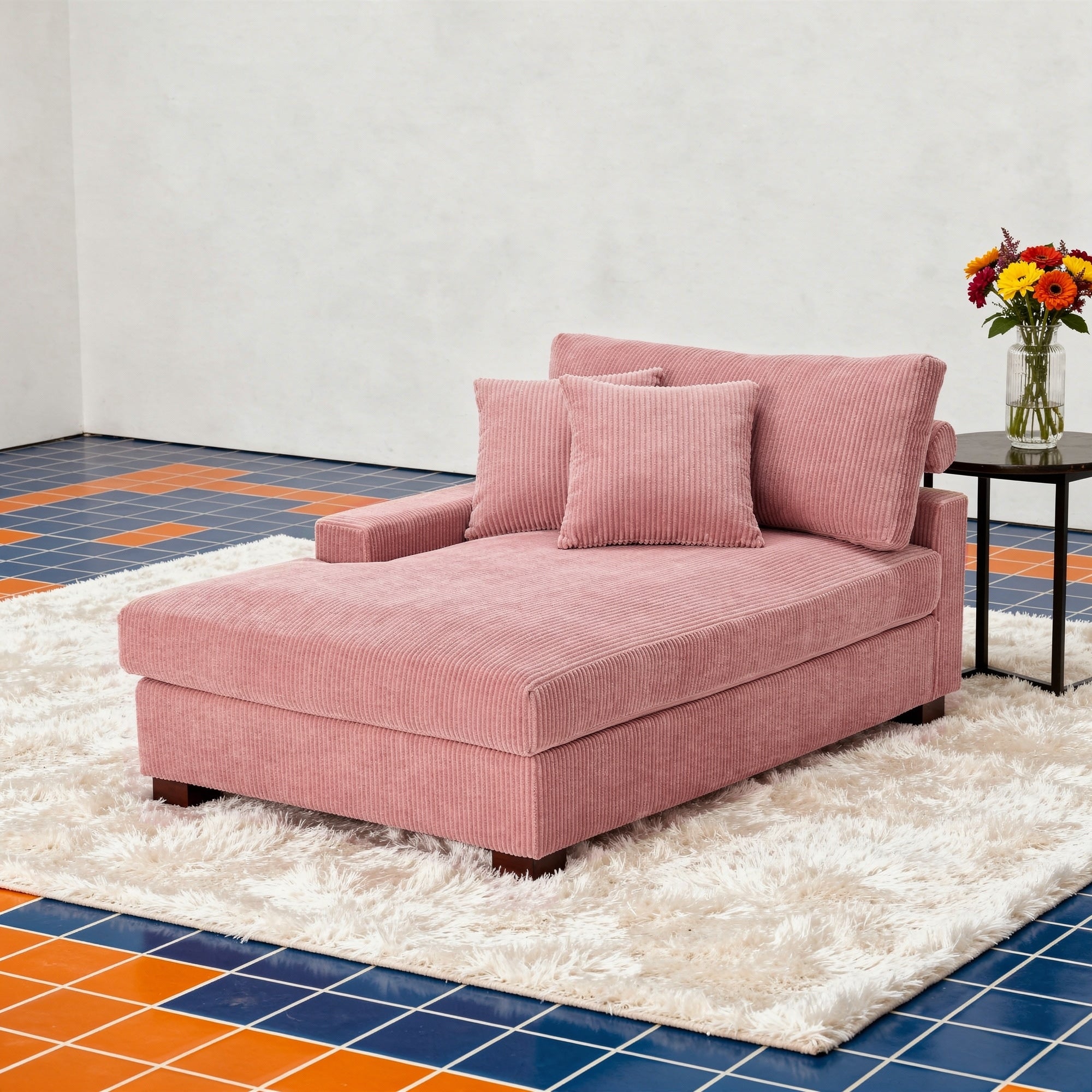Rich Toned Corduroy Modular Sofa Chaise Lounge With Throw Pillow