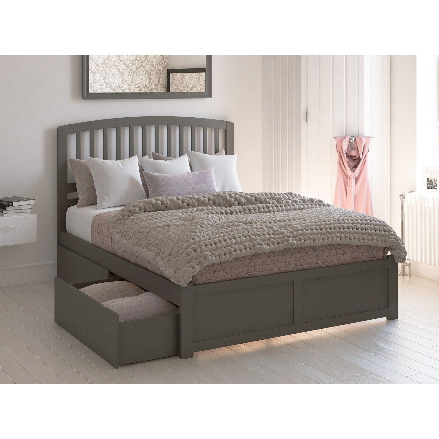 Richmond Queen Platform Bed With Flat Panel Foot Board And 2 Urban Bed Drawers In Grey