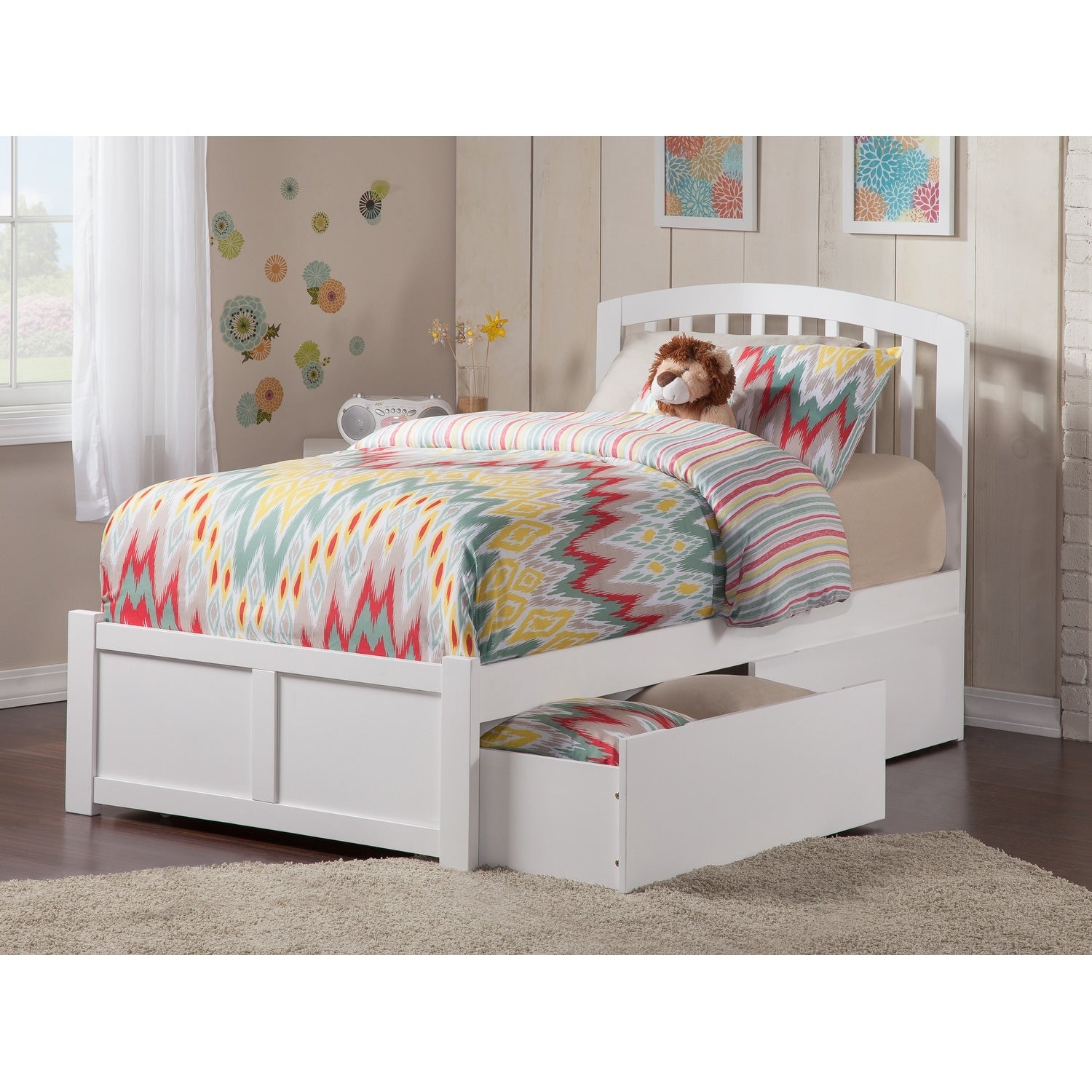 Richmond Twin Platform Bed With Flat Panel Foot Board And 2 Urban Bed Drawers In White