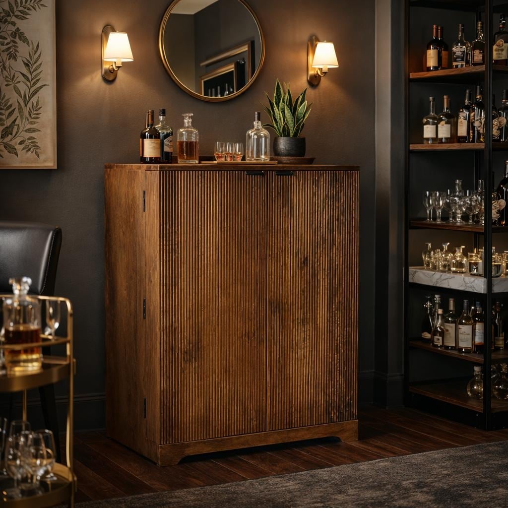 Ridgewood Fluted Wood Bar Cabinet With Wine Storage N A