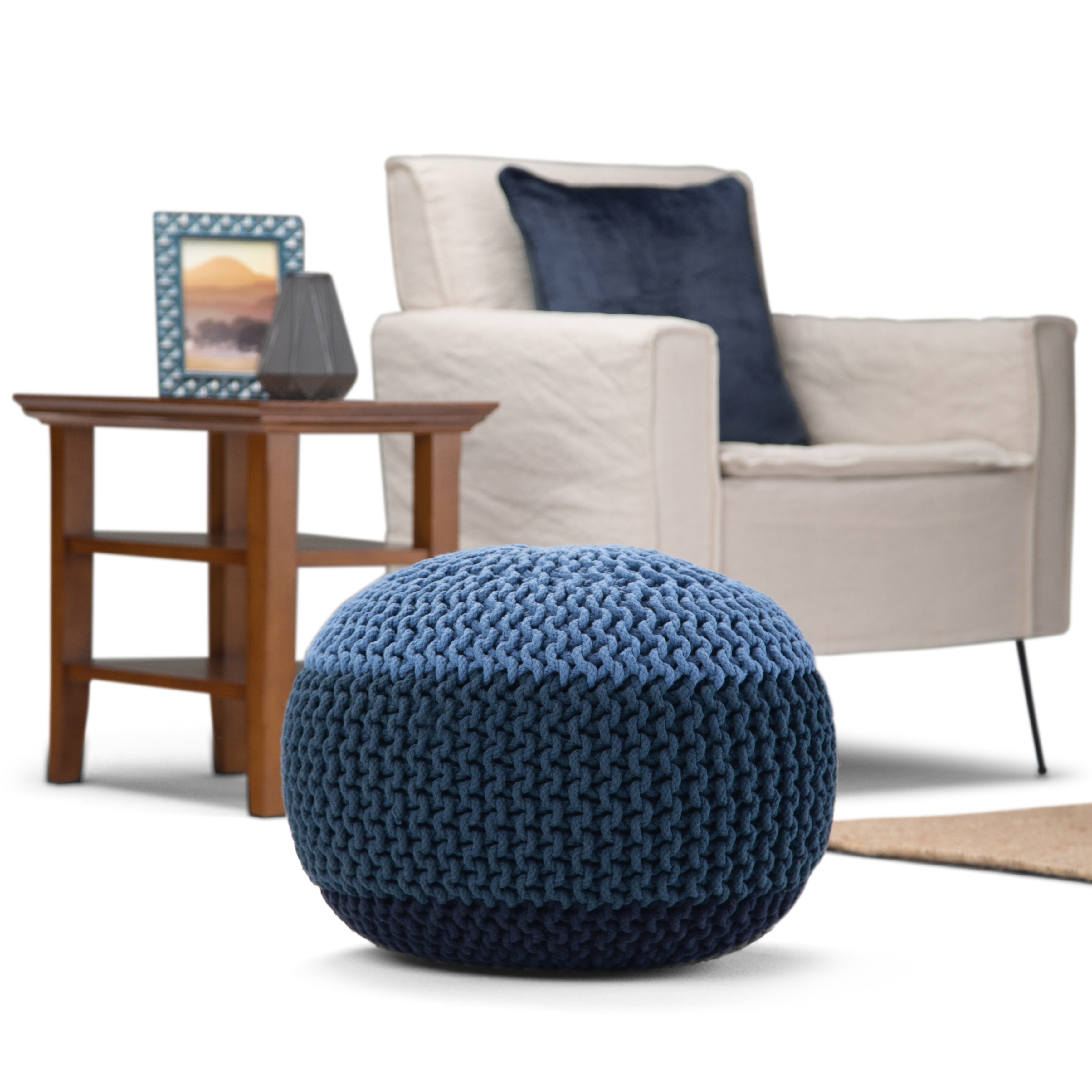 The Curated Nomad Holladay Round Hand Knit Pouf In Blue Navy Cotton