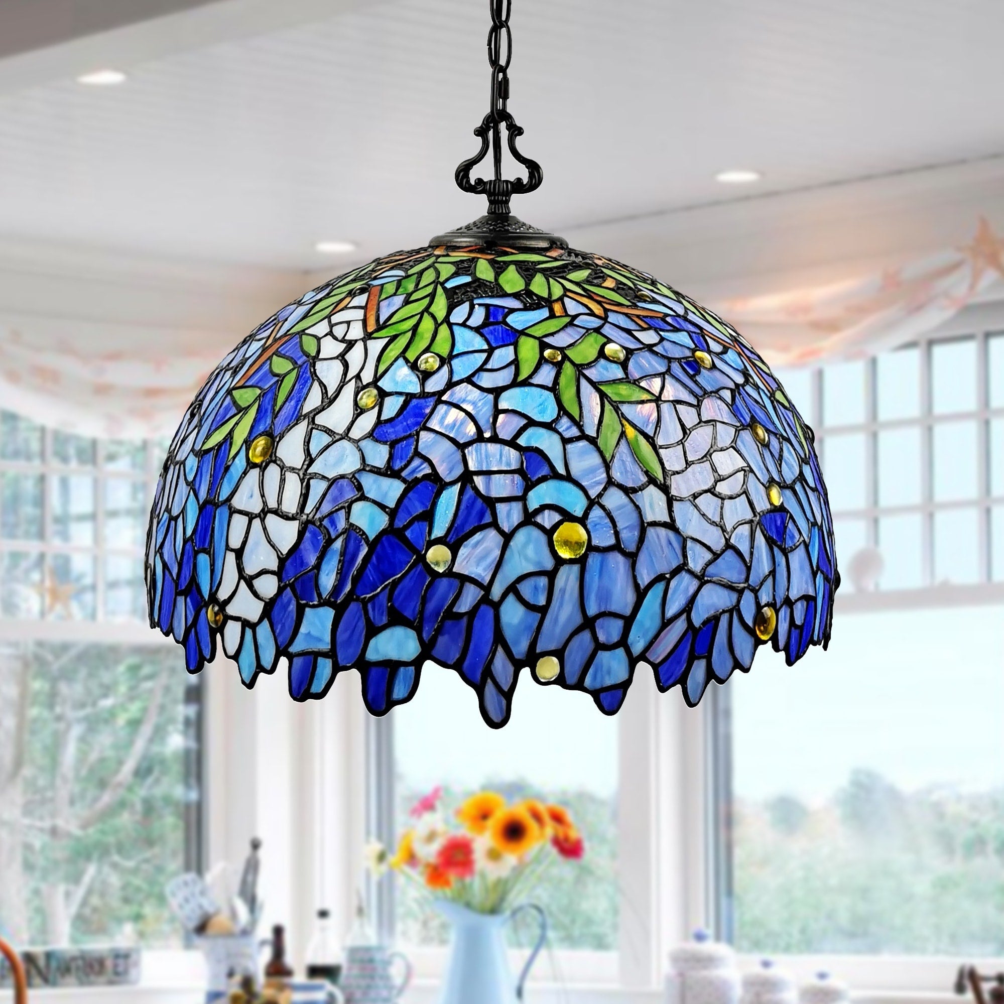 Rikkie 2 Light Wisteria Design Tiffany Style Pendant Lamp