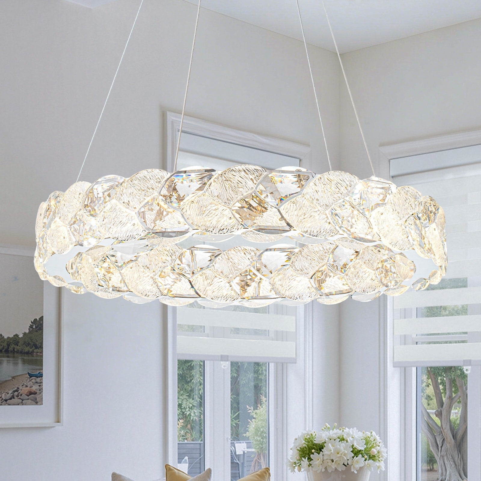 Ring Chrome Led Chandelier Textured Clear Frosted Crystal Panels Dia.19.69 In
