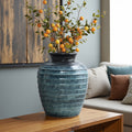 Rippled Blue With Brown Round Ceramic Vase Home Decor Tabletop Floor Accent