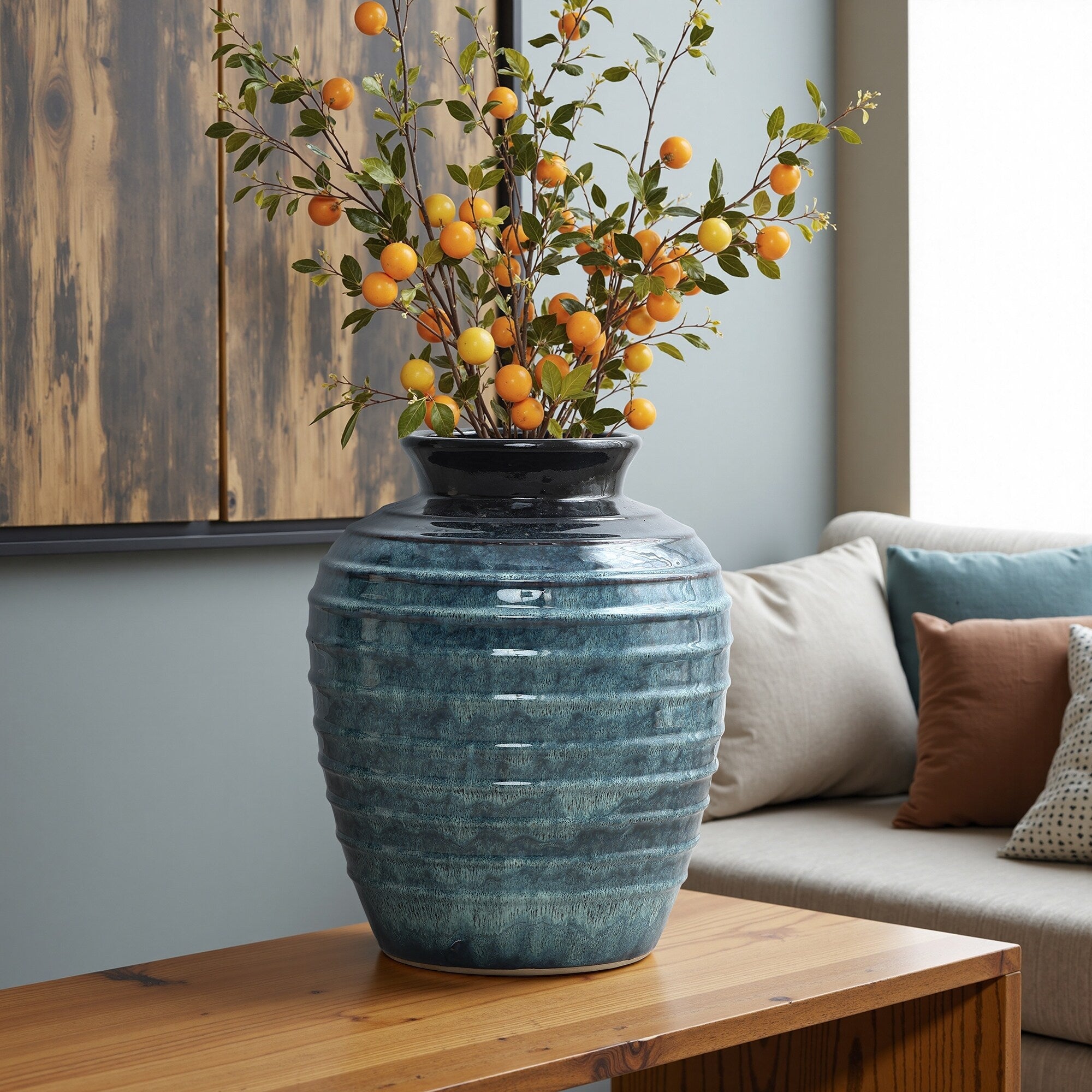 Rippled Blue With Brown Round Ceramic Vase Home Decor Tabletop Floor Accent