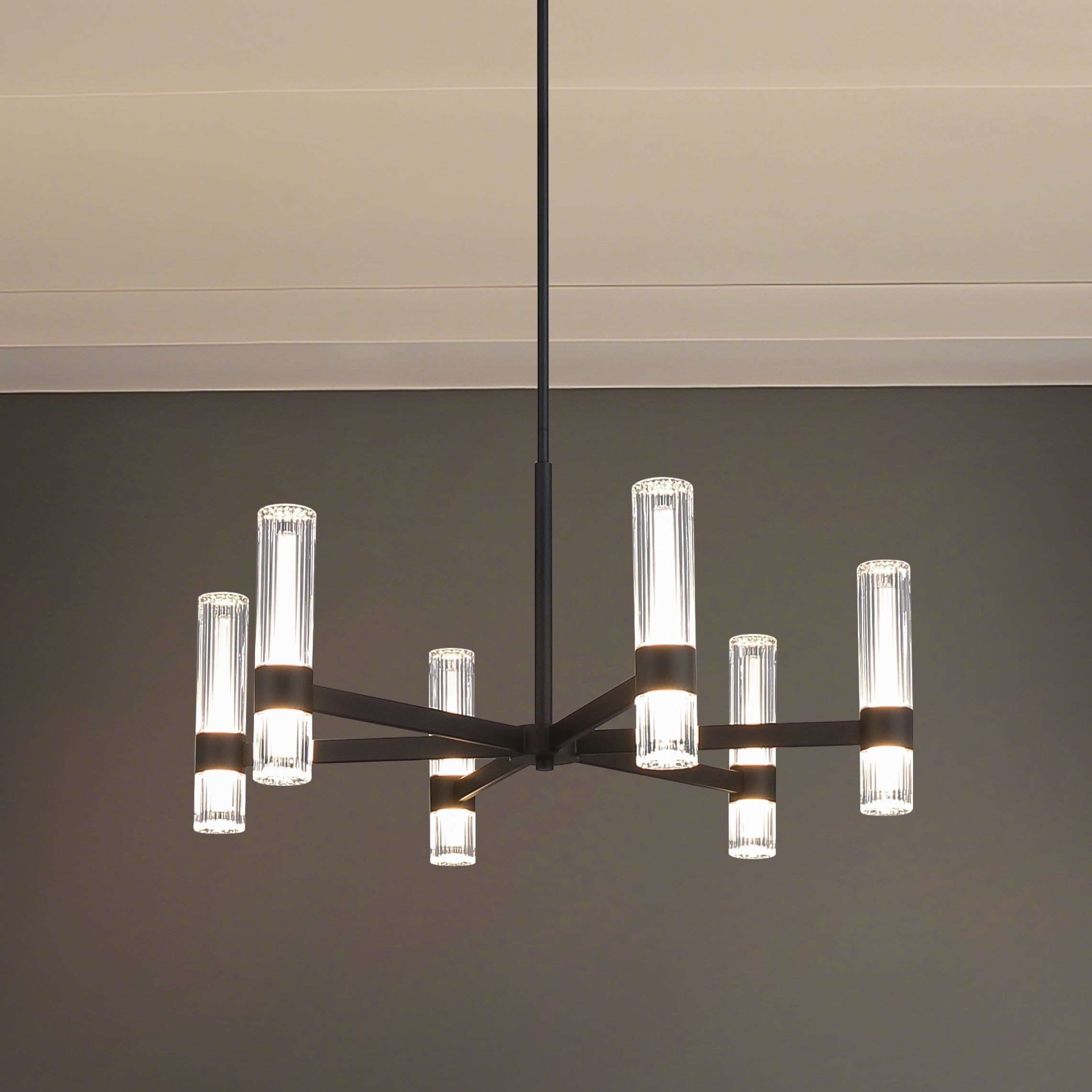 Ristretto 30 Inch 12 Light Matte Black Led Chandelier With Clear Ribbed And White Acrylic Shades