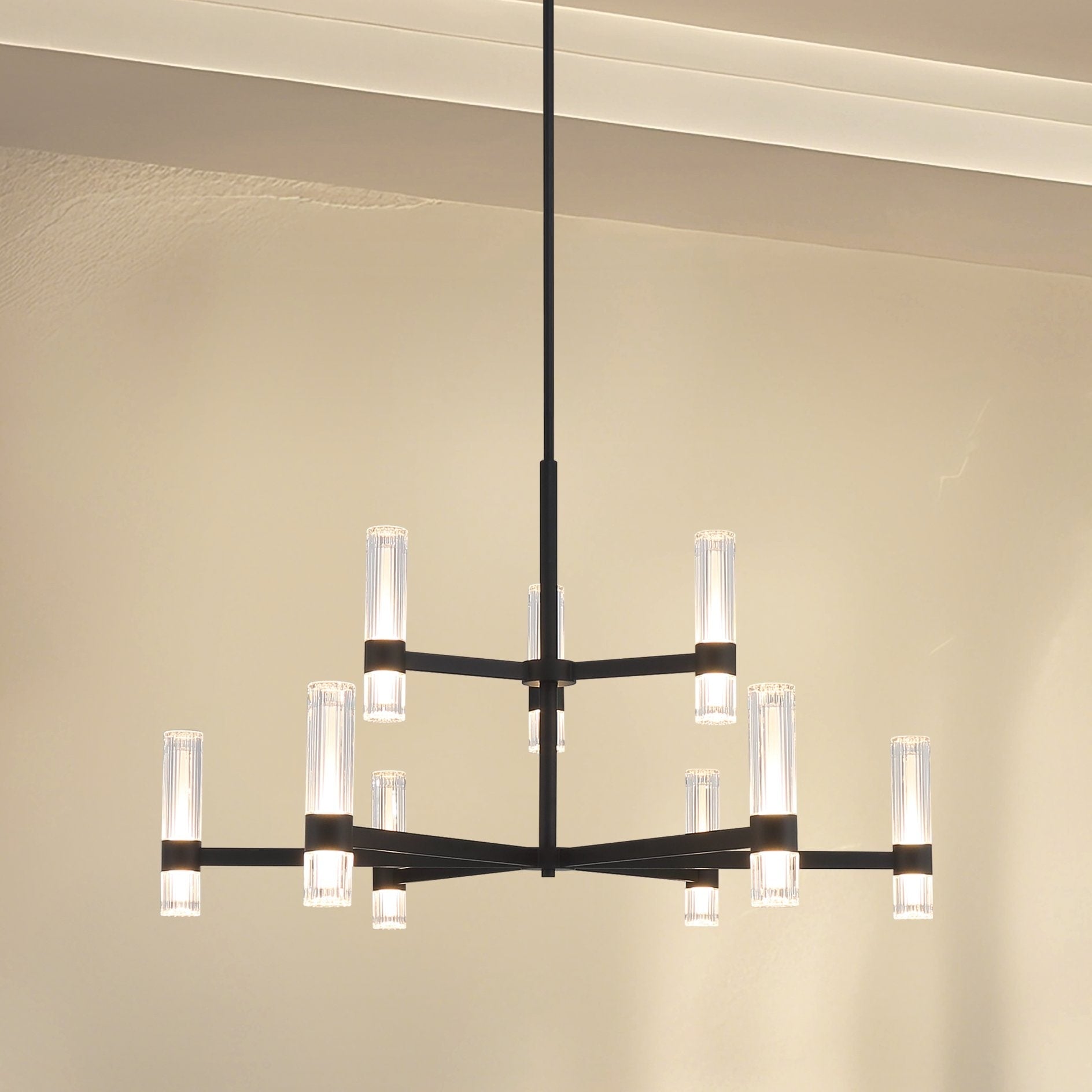 Ristretto 42 Inch 18 Light Matte Black Led Chandelier With Clear Ribbed And White Acrylic Shades
