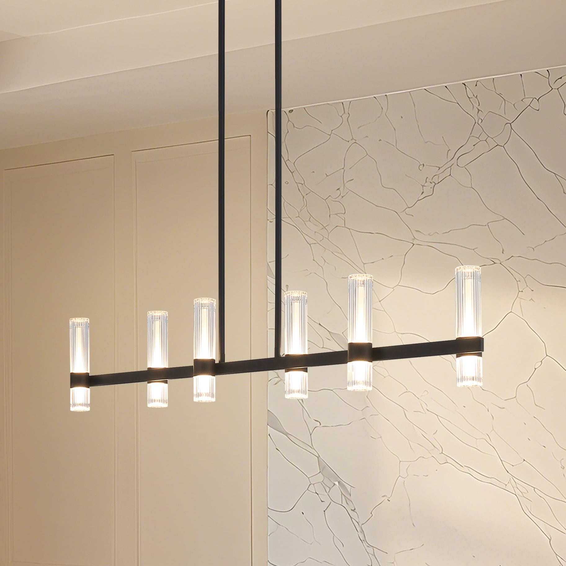 Ristretto 50 Inch 12 Light Matte Black Led Linear Chandelier With Clear Ribbed And White Acrylic Shades