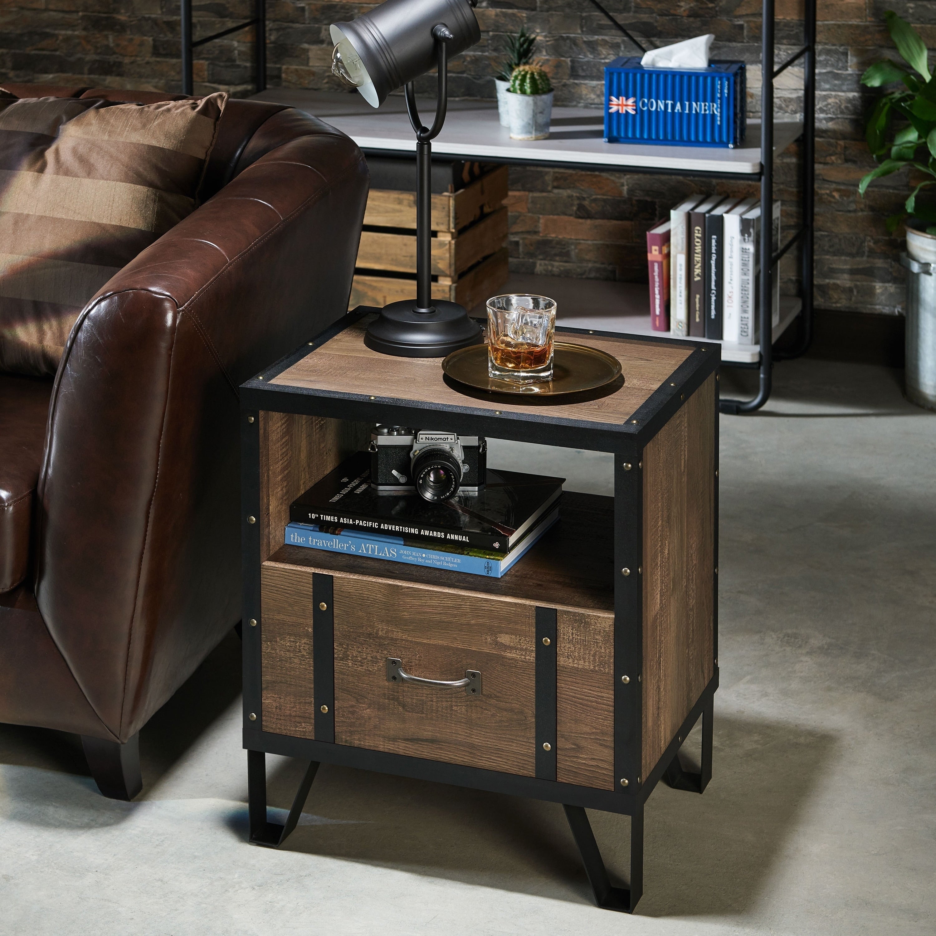 Riva Industrial Multi Storage Reclaimed Oak Finish End Table