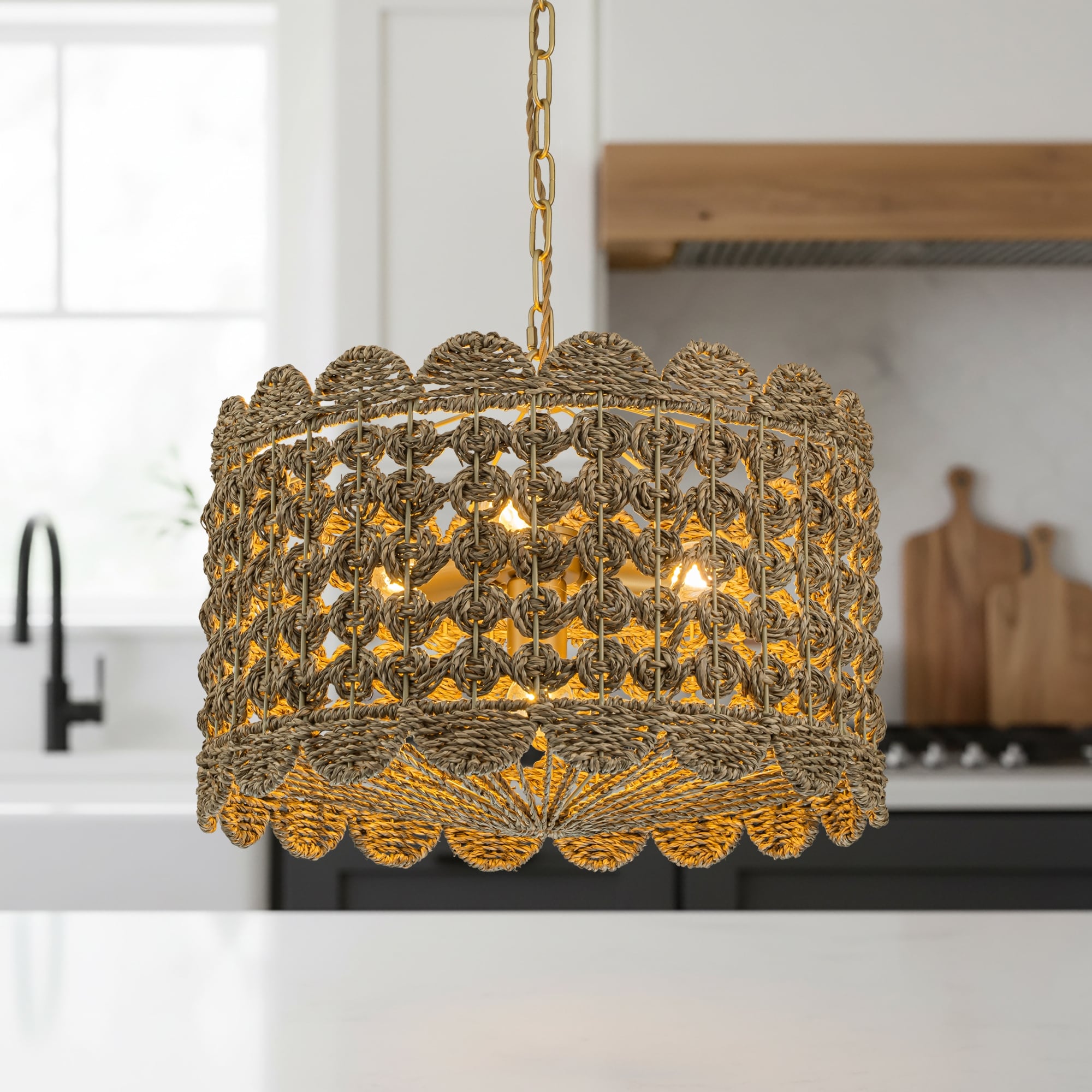 Riva Natural 4 Light Seagrass Scalloped Pendant Coastal Boho Handwoven 18 Wide