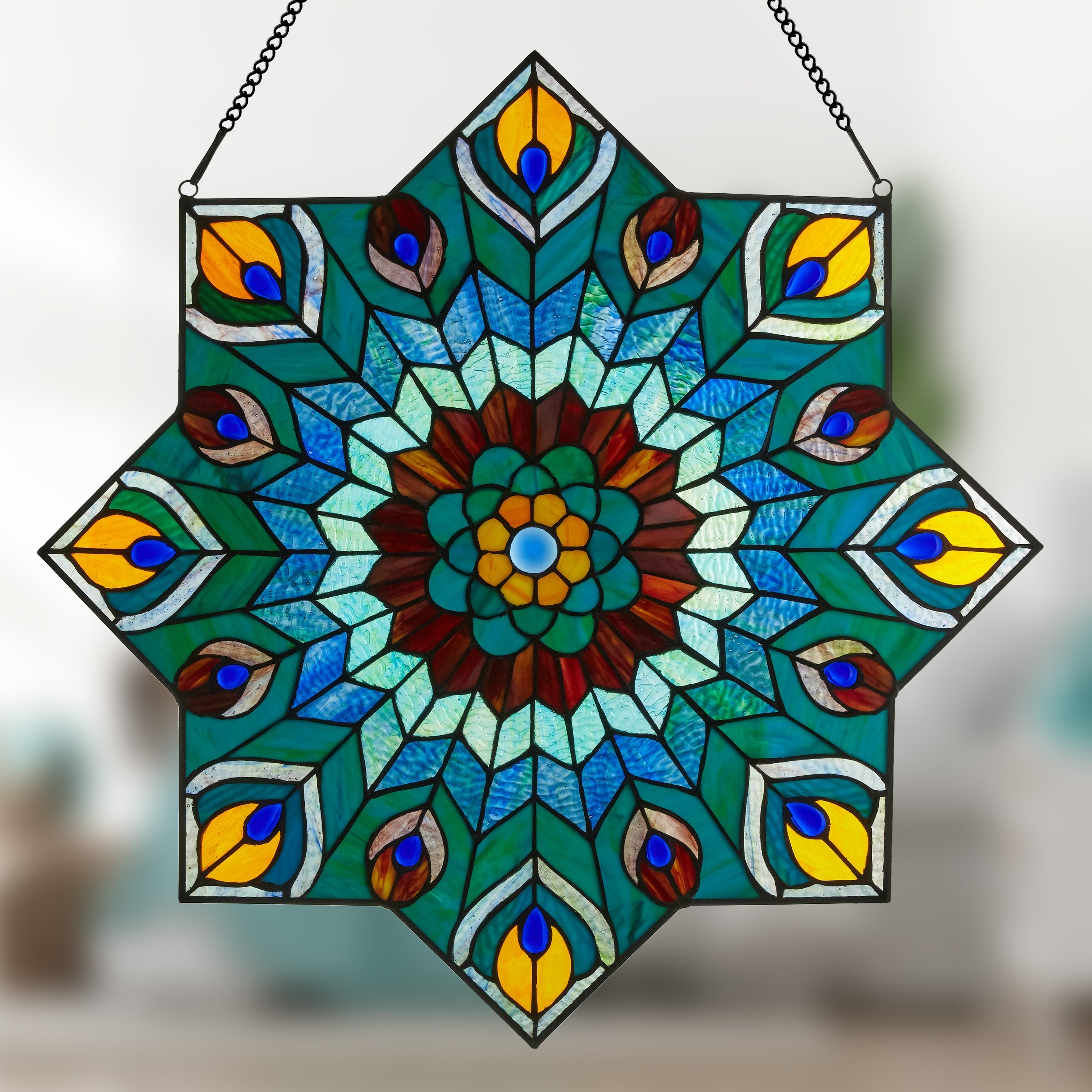 24 Inch Tiffany Style Stained Glass Peacock Star Window Panel