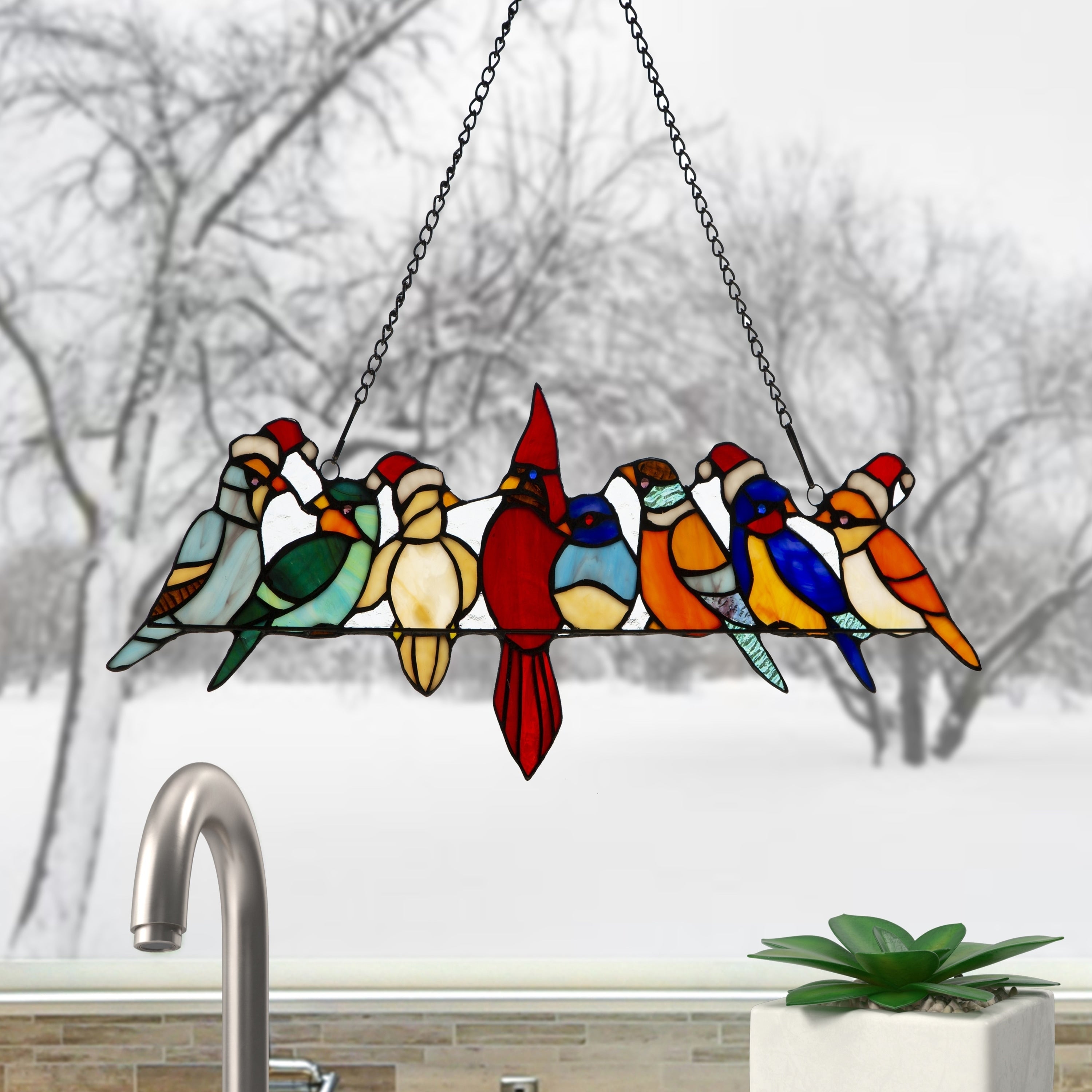 River Of Goods Holiday Birds Hanging Stained Glass Window Panel