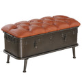 River Of Goods Tan Tufted Faux Leather And Distressed Metal 17 Inch High Storage Bench