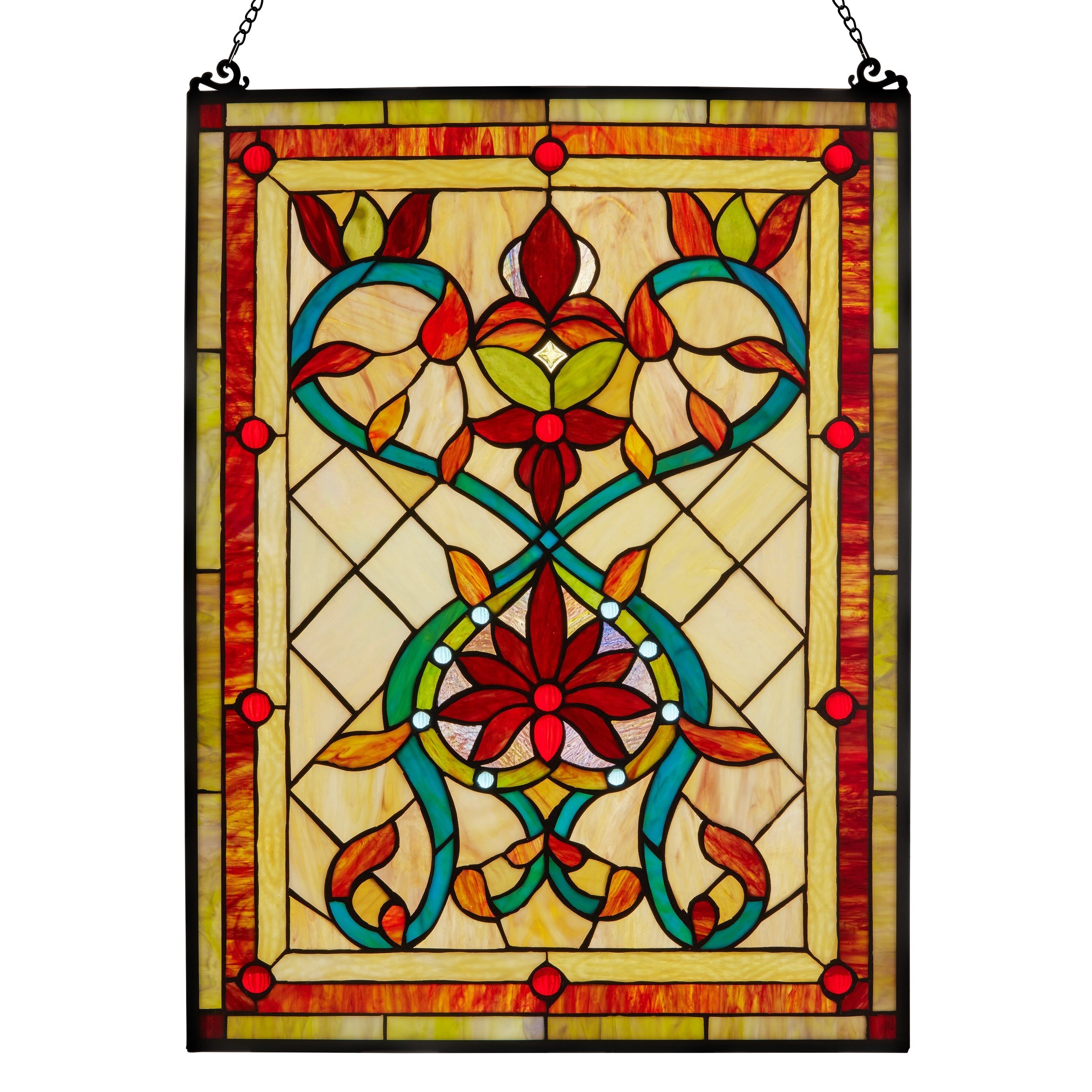 Tiffany Style Firey Hearts And Flowers Stained Glass 24 Inch Window Panel