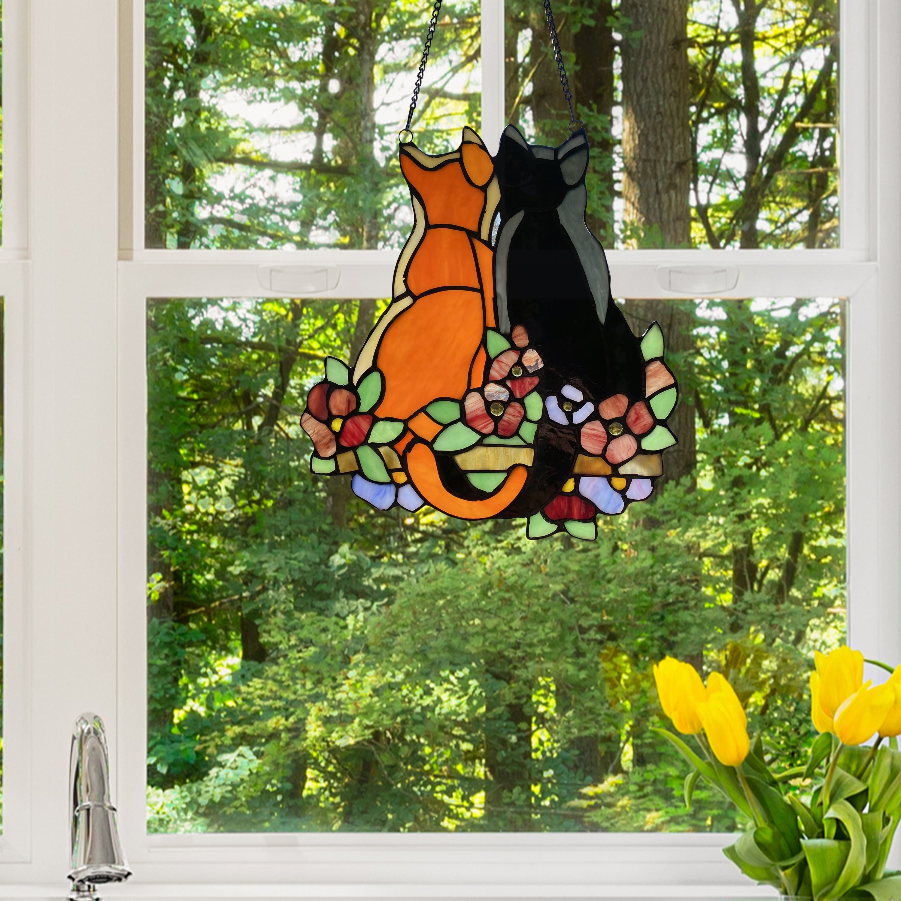 River Of Goods Cats In The Garden Multicolor Hand Cut Stained Glass Cabochon Accented 12.5 Inch High Window Panel S